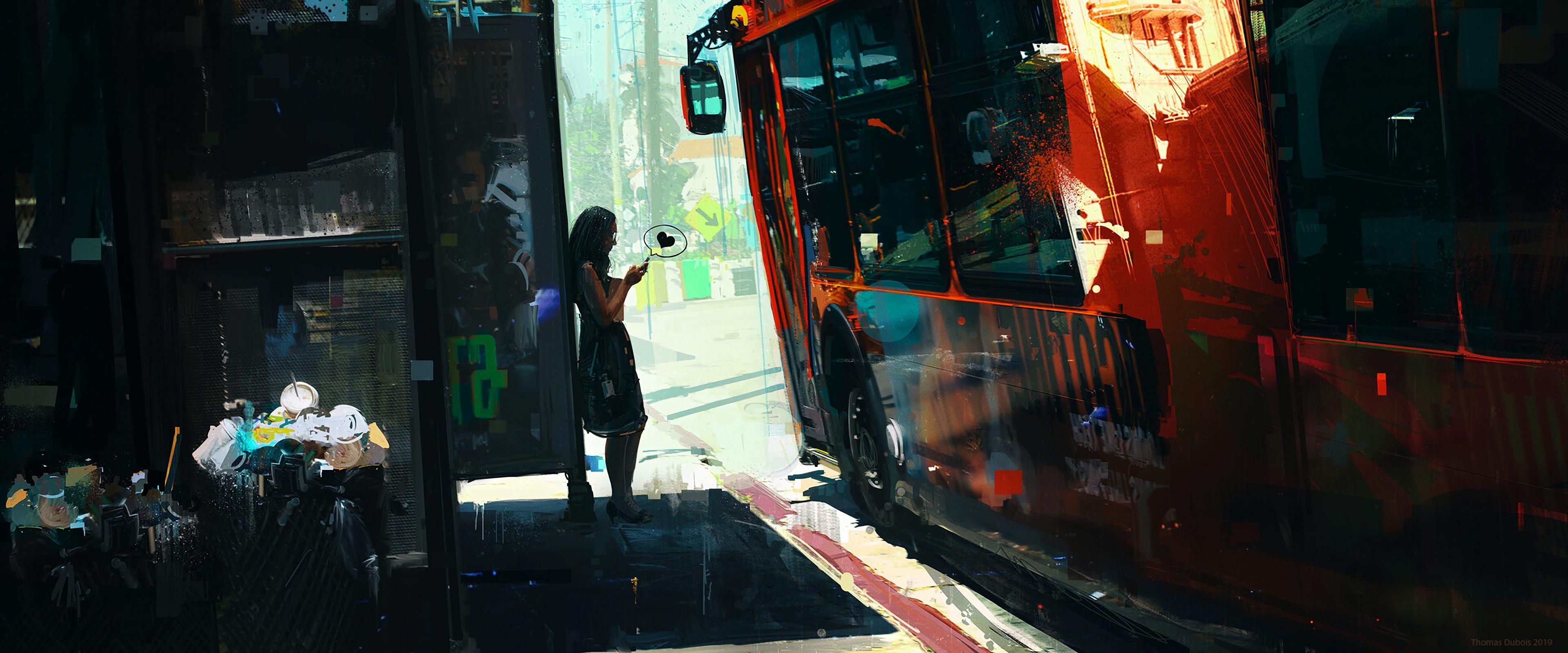 3840x1600 Girl Texting On Bus Side 4k Apple iPhone, iPod Touch, Galaxy Ace HD 4k Wallpaper, Image, Background, Photo and Picture