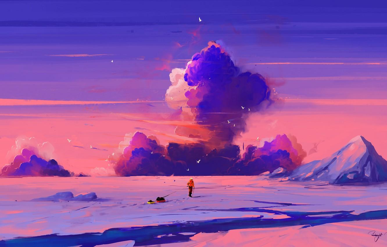 1332x850 Wallpaper sky, sunset, art, clouds, mountain, snow, birds, man, artist, digital art, artwork, cold, sled, BisBiswas image for desktop, section арт