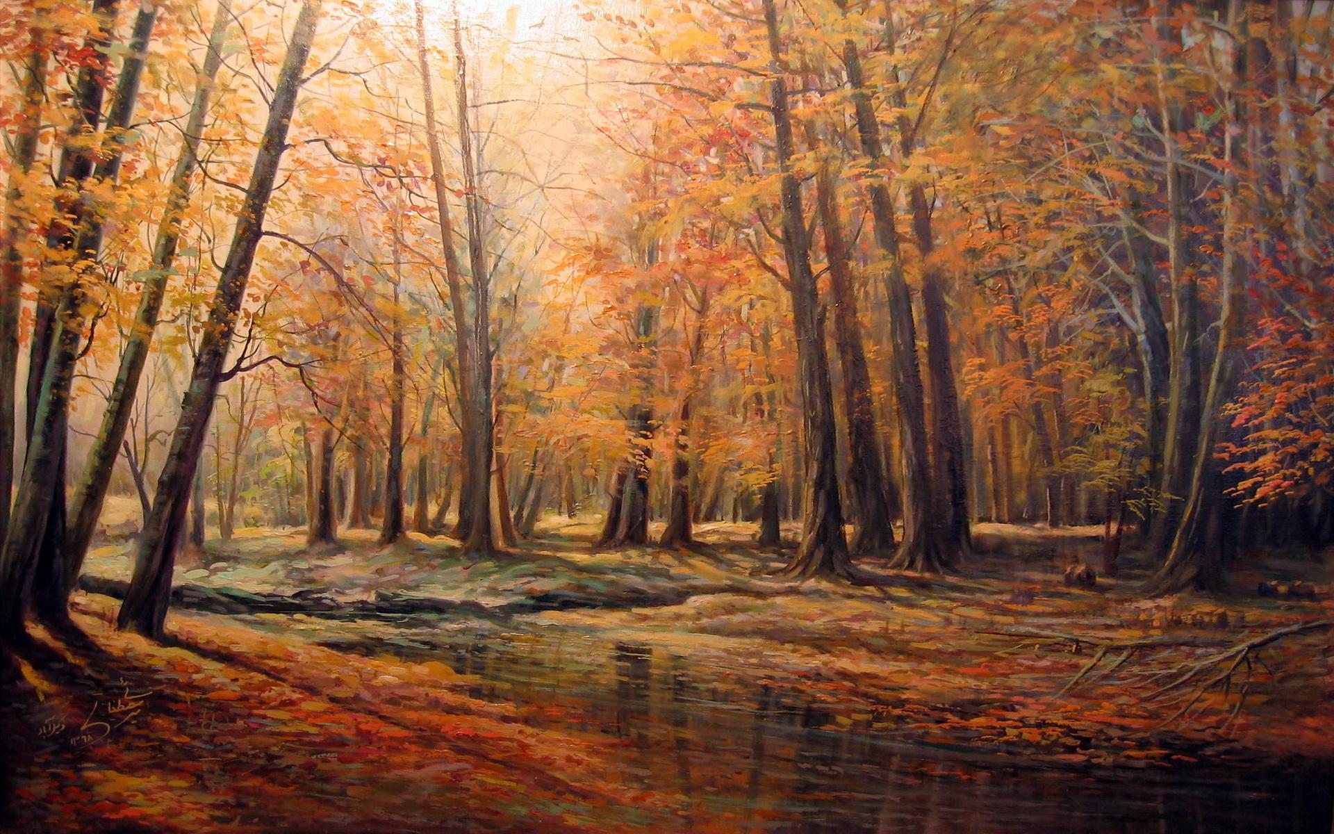 1920x1200 Autumn Forest & Creek Painting desktop PC and Mac wallpaper