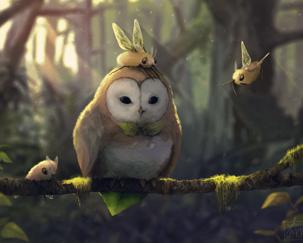 1280x1024 Download 1280x1024 Owl, Insects, Artwork, Forest, Sunbeam, Painting, Branch Wallpaper