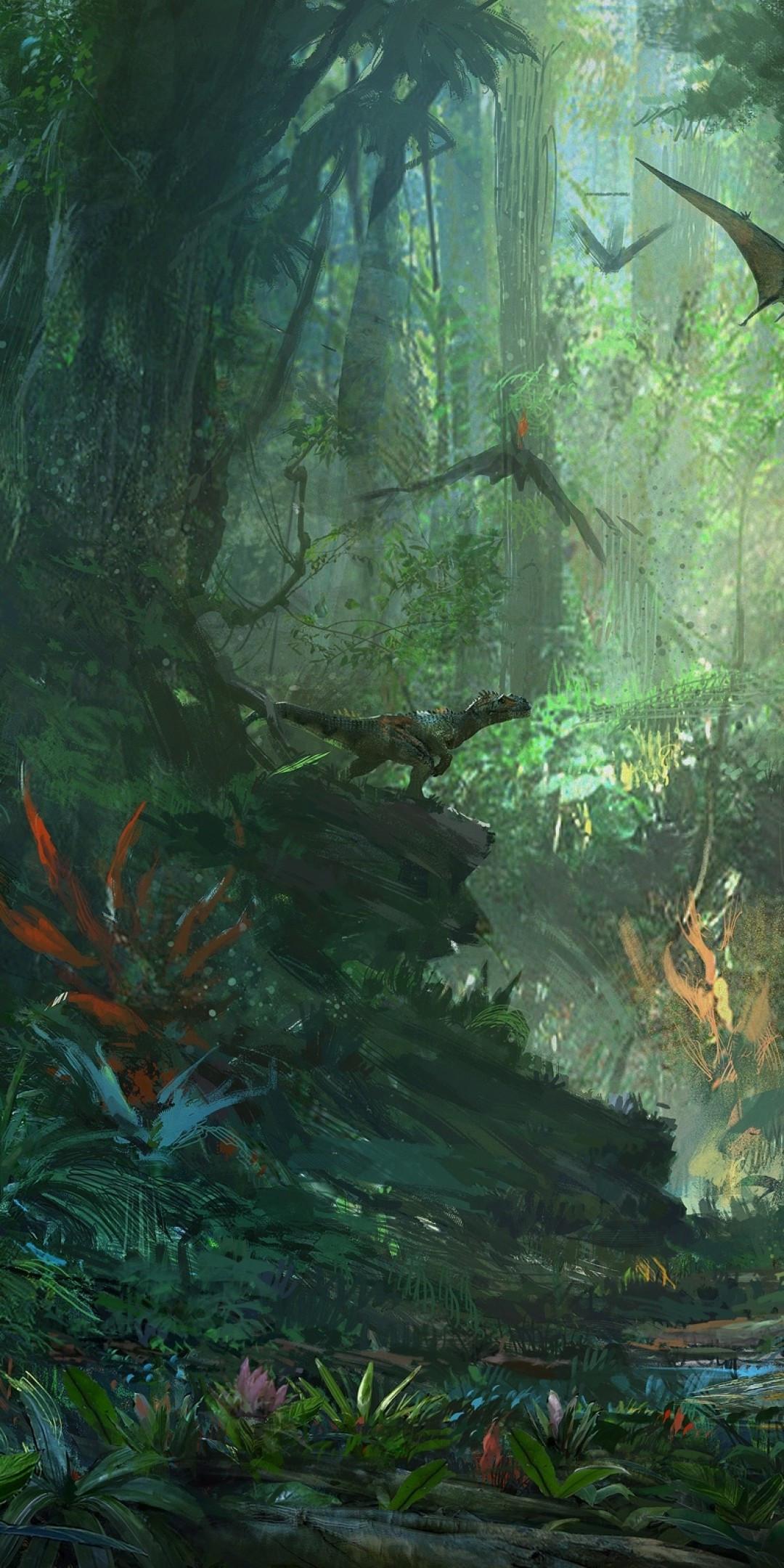 1080x2160 Download 1080x2160 Ark Park, Dinosaurs, Forest, Artwork, Painting Wallpaper for Huawei Mate 10