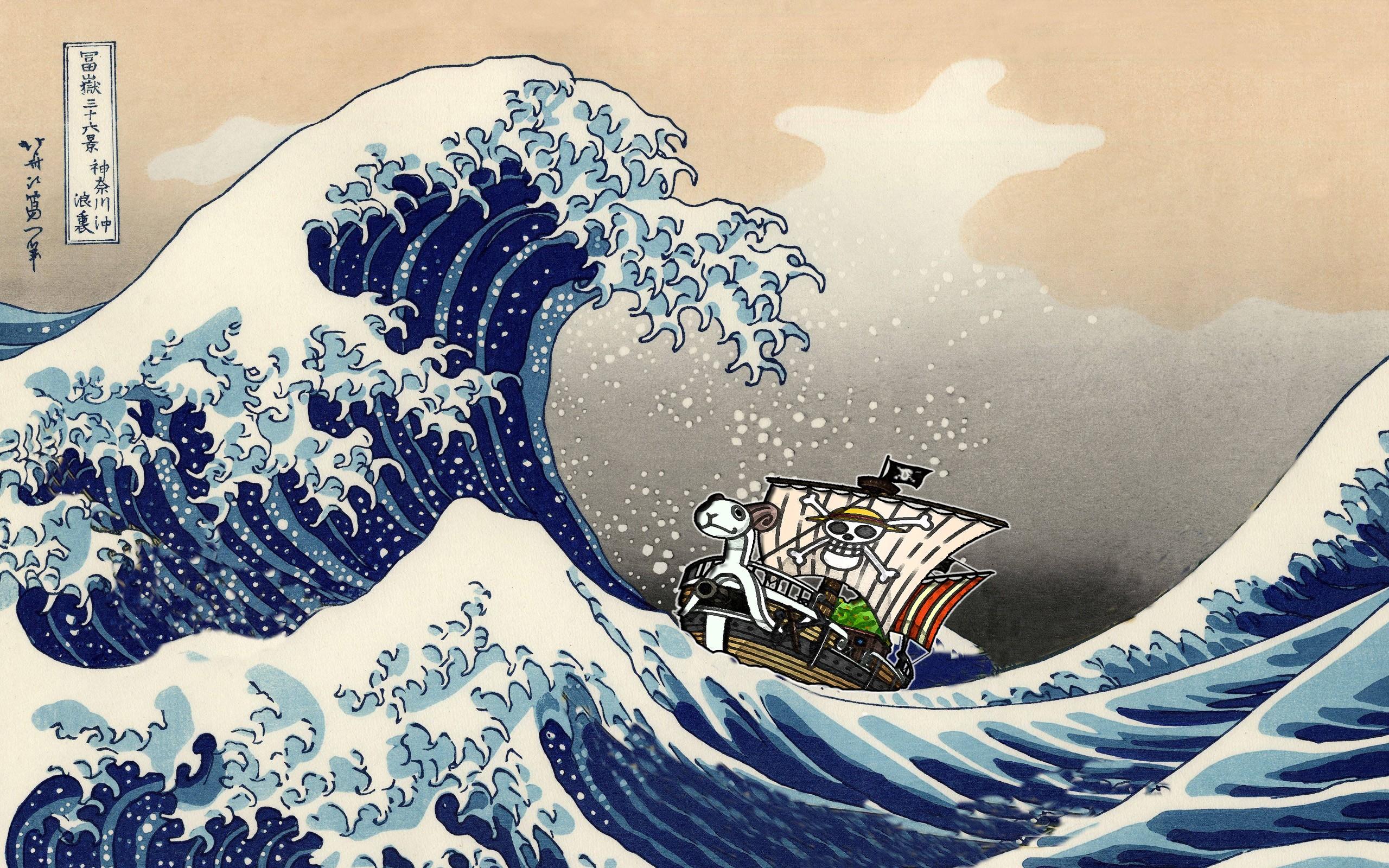 2560x1600 #One Piece, #waves, #Monkey D. Luffy, #The Great Wave off Kanagawa, #Hokusai, wallpaper. Mocah HD Wallpaper