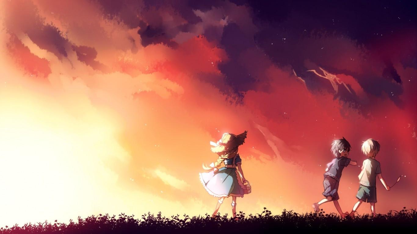 1366x768 Download 1366x768 Sword Art Online: Alicization, Childhood, Sunset, Scenic, Friends, Field, Clouds Wallpaper for Laptop, Notebook