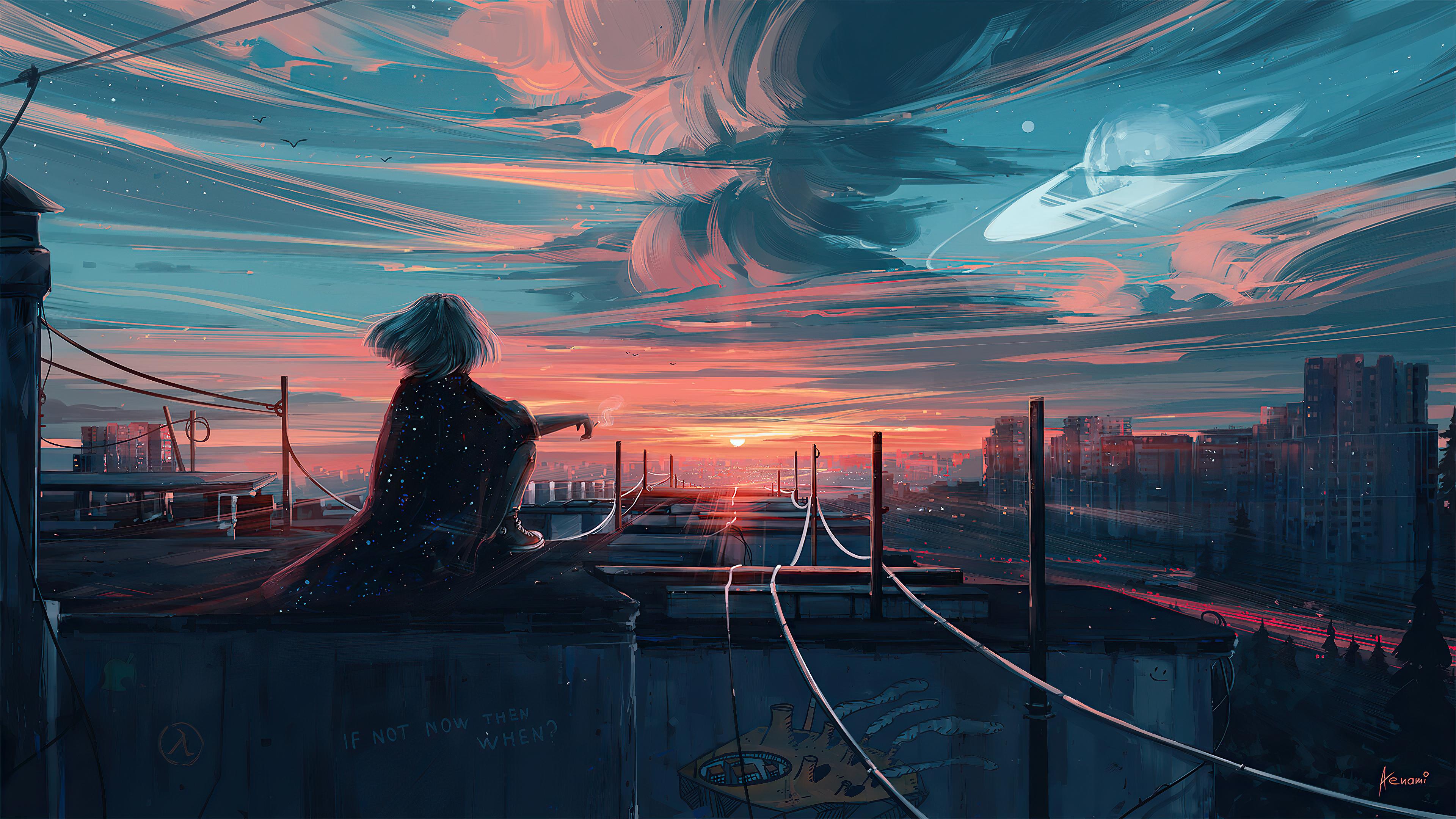 3840x2160 Girl looking at the sunset Illustration Wallpaper 4k Ultra HD