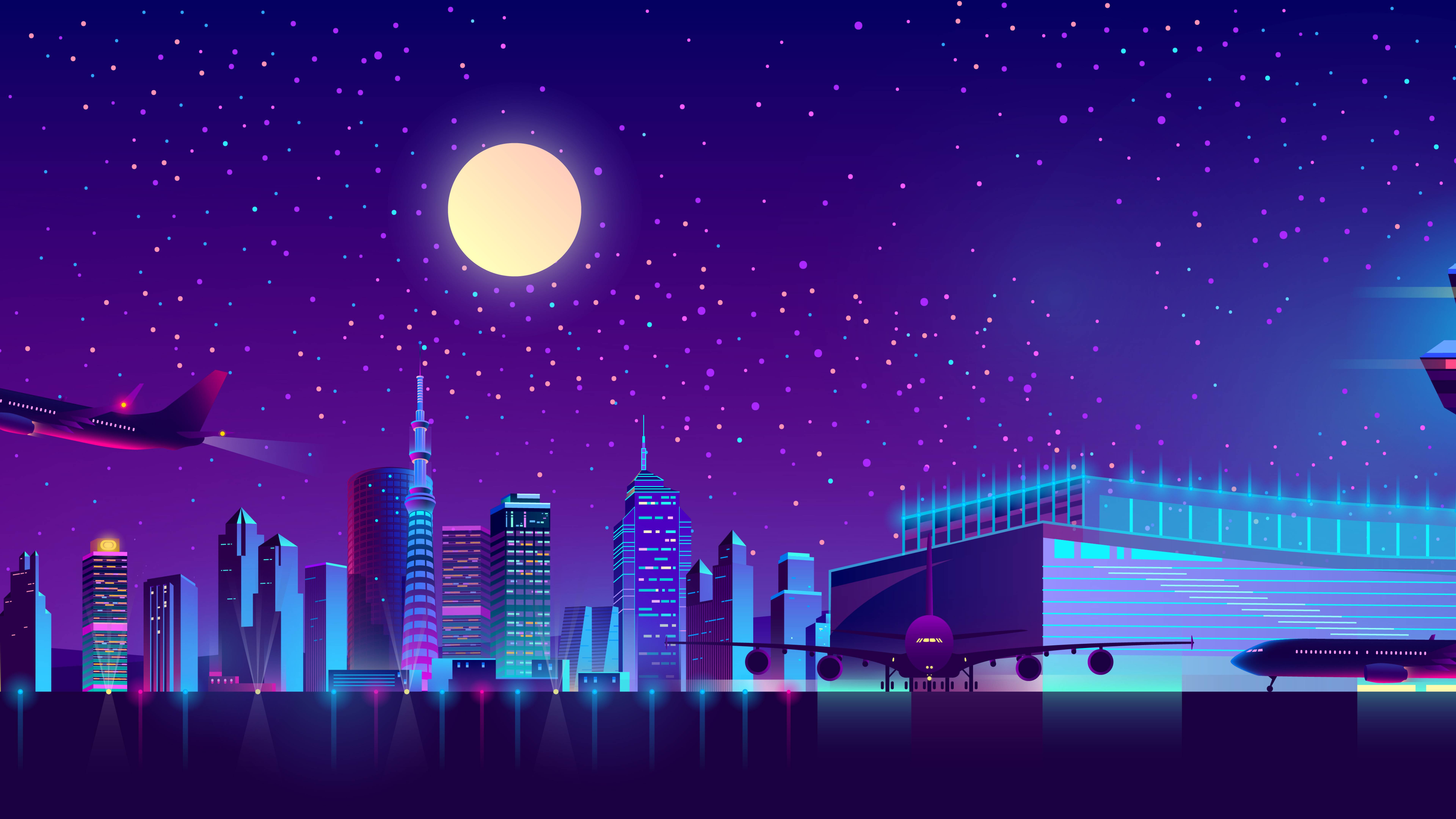 7680x4320 Airport Night Illustration 8K Wallpaper, HD Artist 4K Wallpaper, Image, Photo and Background