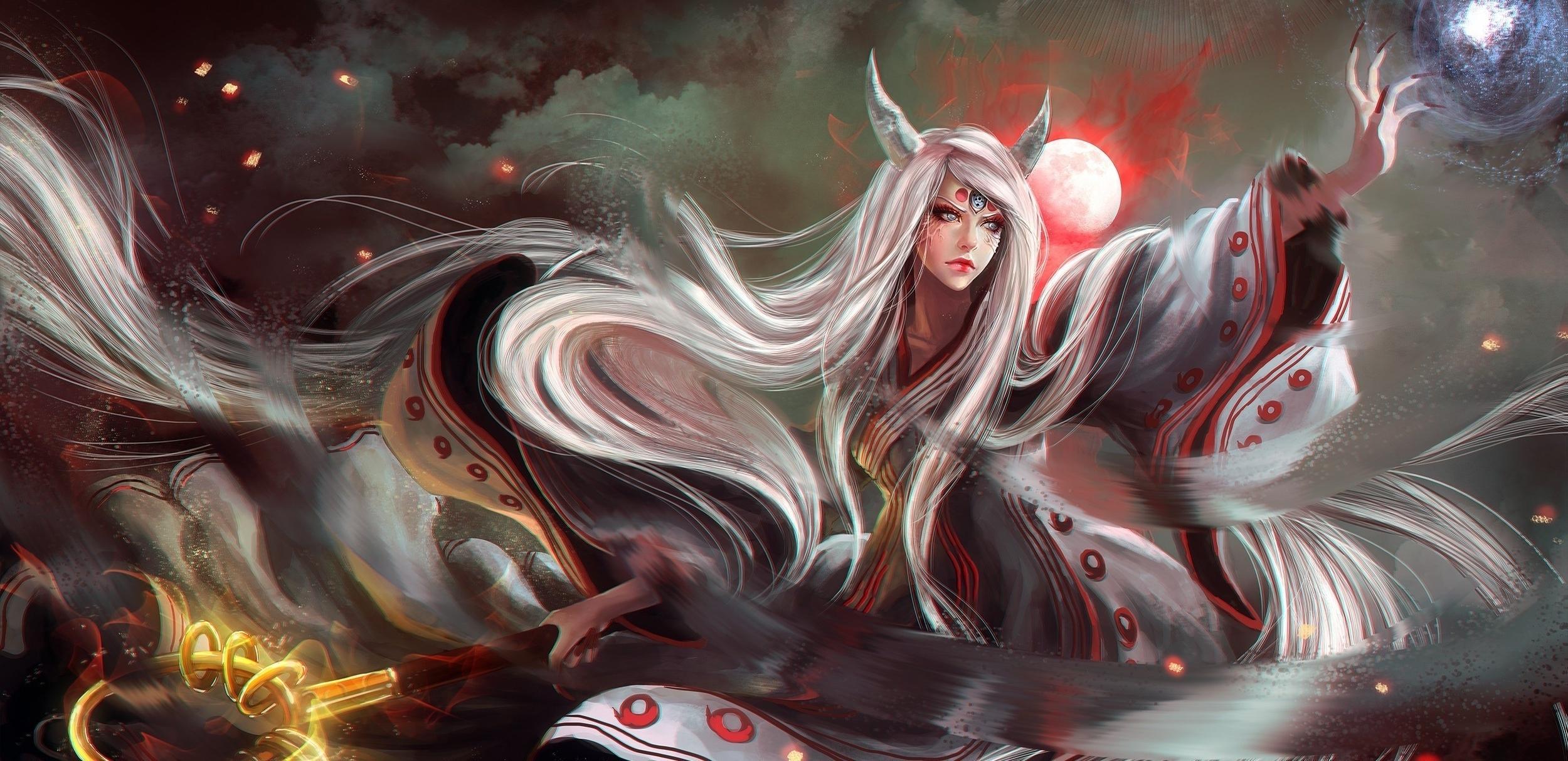 2500x1214 Wallpaper Kaguya, Traditional Clothes, Naruto, Horns, Red Moon:2500x1214