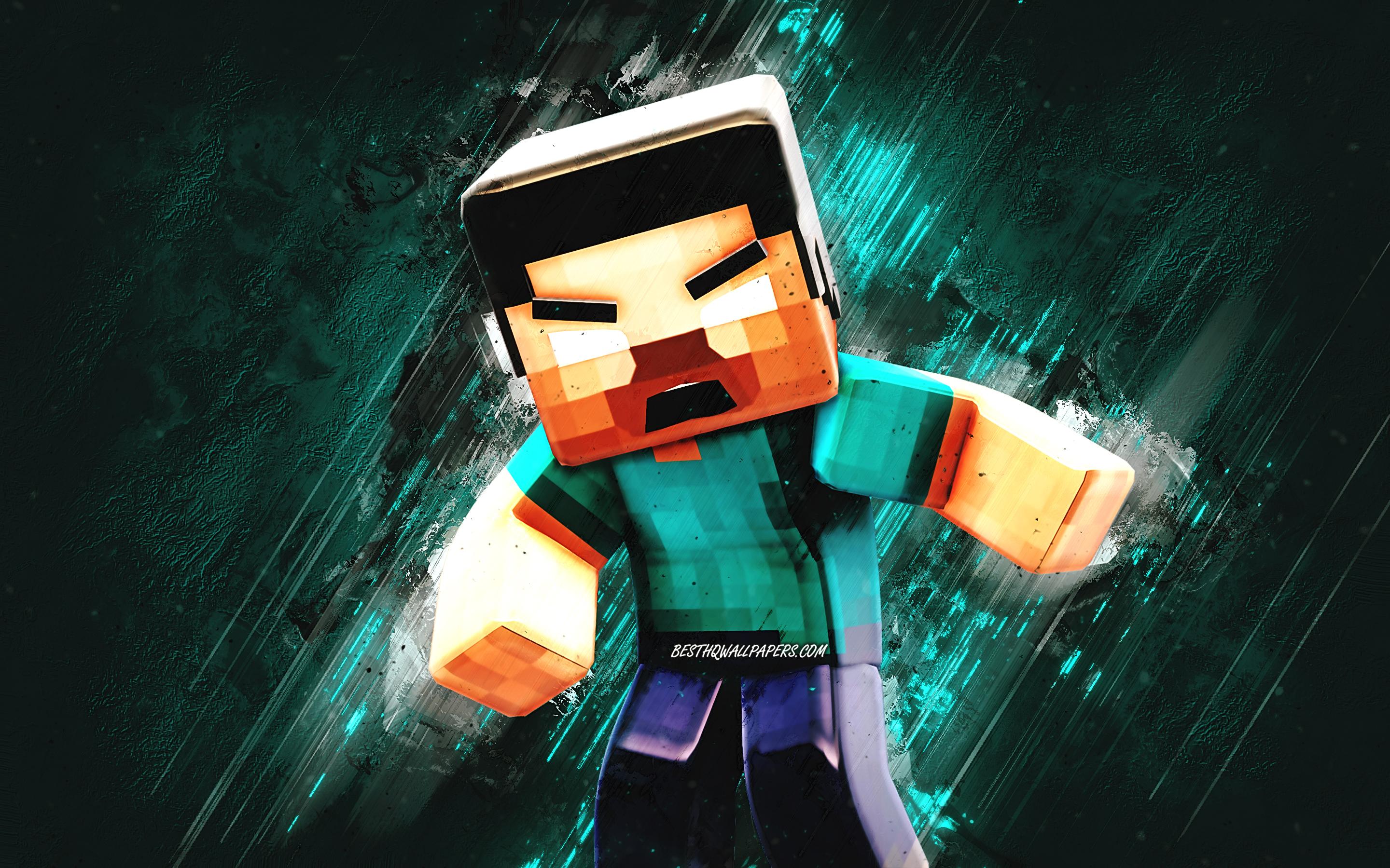2880x1800 Download wallpaper Herobrine, Minecraft, blue stone background, Minecraft characters, Herobrine art, Herobrine Minecraft, grunge art for desktop with resolution 2880x1800. High Quality HD picture wallpaper