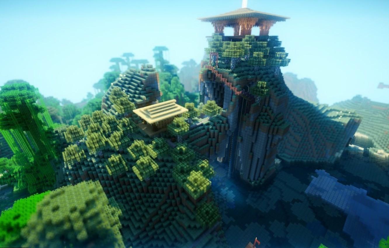 1332x850 Wallpaper forest, the sky, water, trees, mountains, blocks, Minecraft, the temple on the top image for desktop, section игры