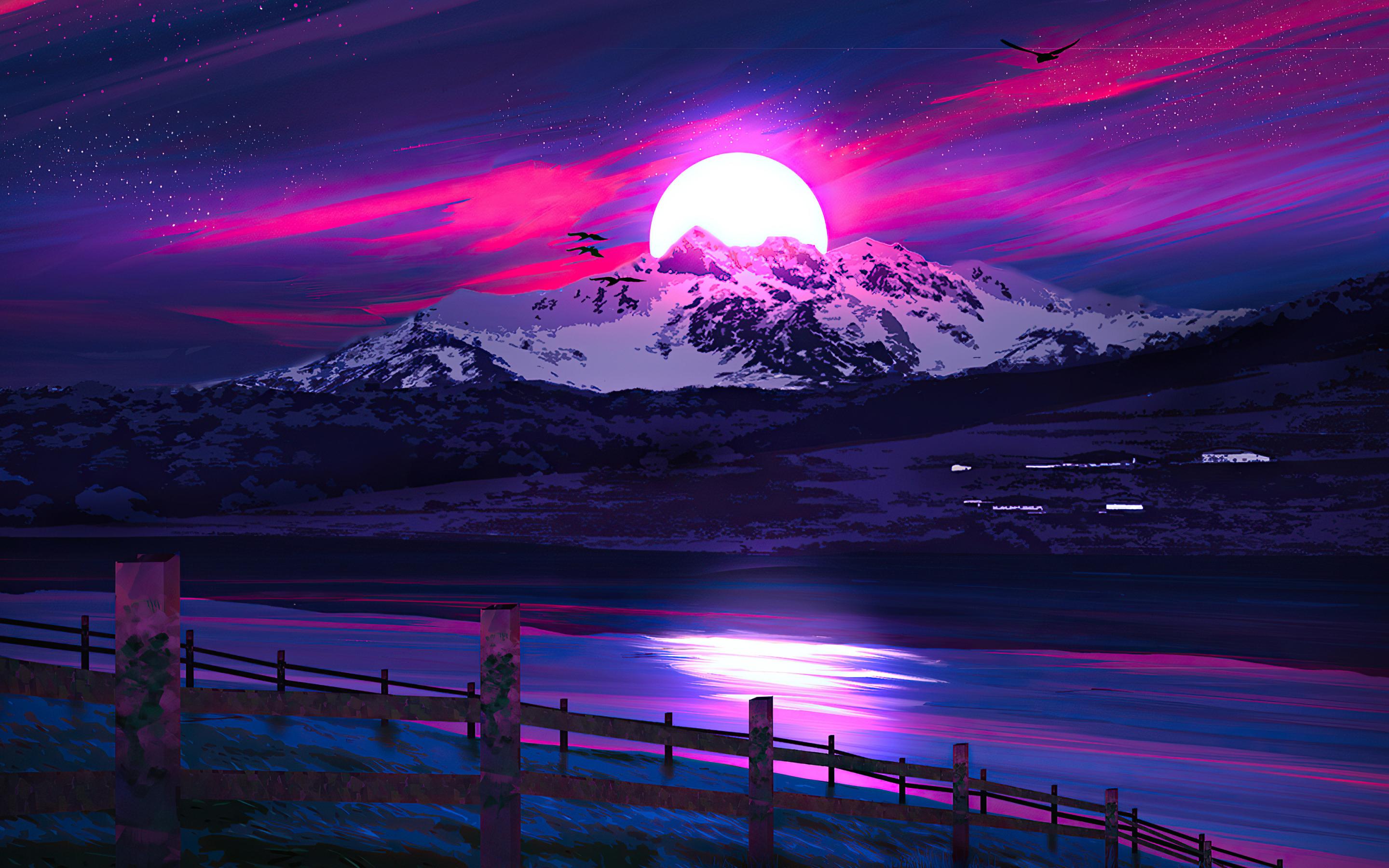 2880x1800 Download 2880x1800 wallpaper lake, woonden fence, mountains, landscape, sunset, neon art, mac pro retaia image, background, 25502