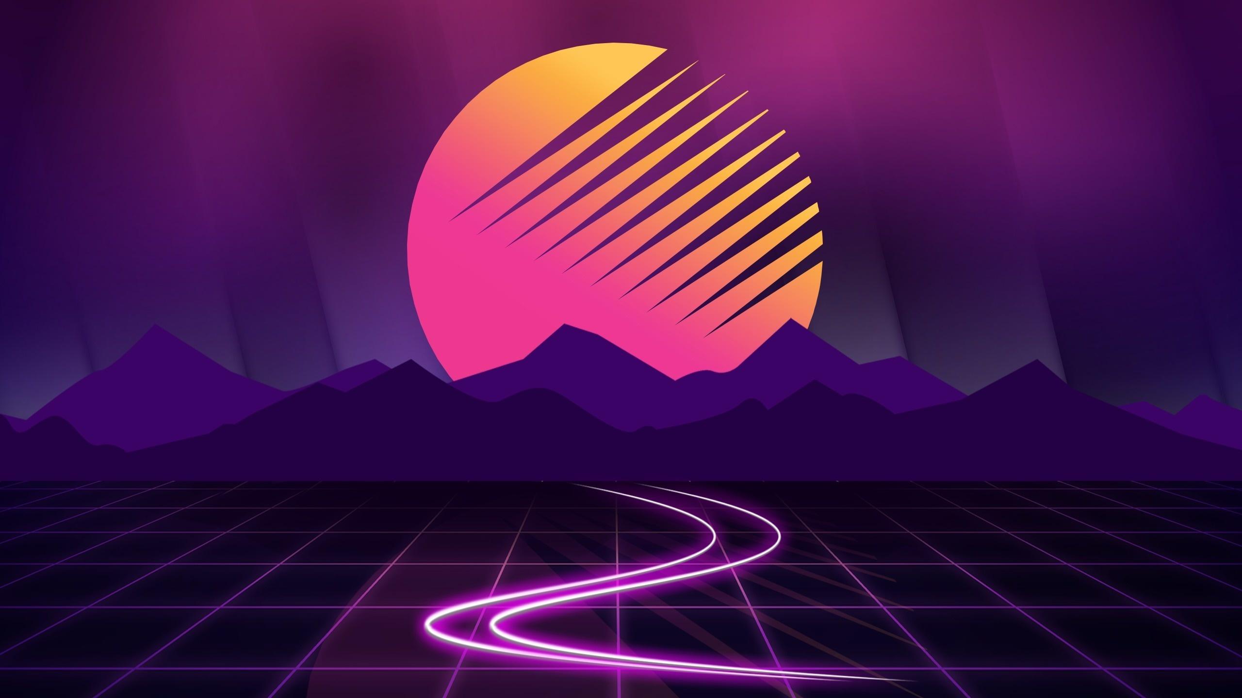 2560x1440 Download 2560x1440 wallpaper neon, cyberwave, purple, mountains, moon, outrun, dual wide, widescreen 16: widescreen, 2560x1440 HD image, background, 6356
