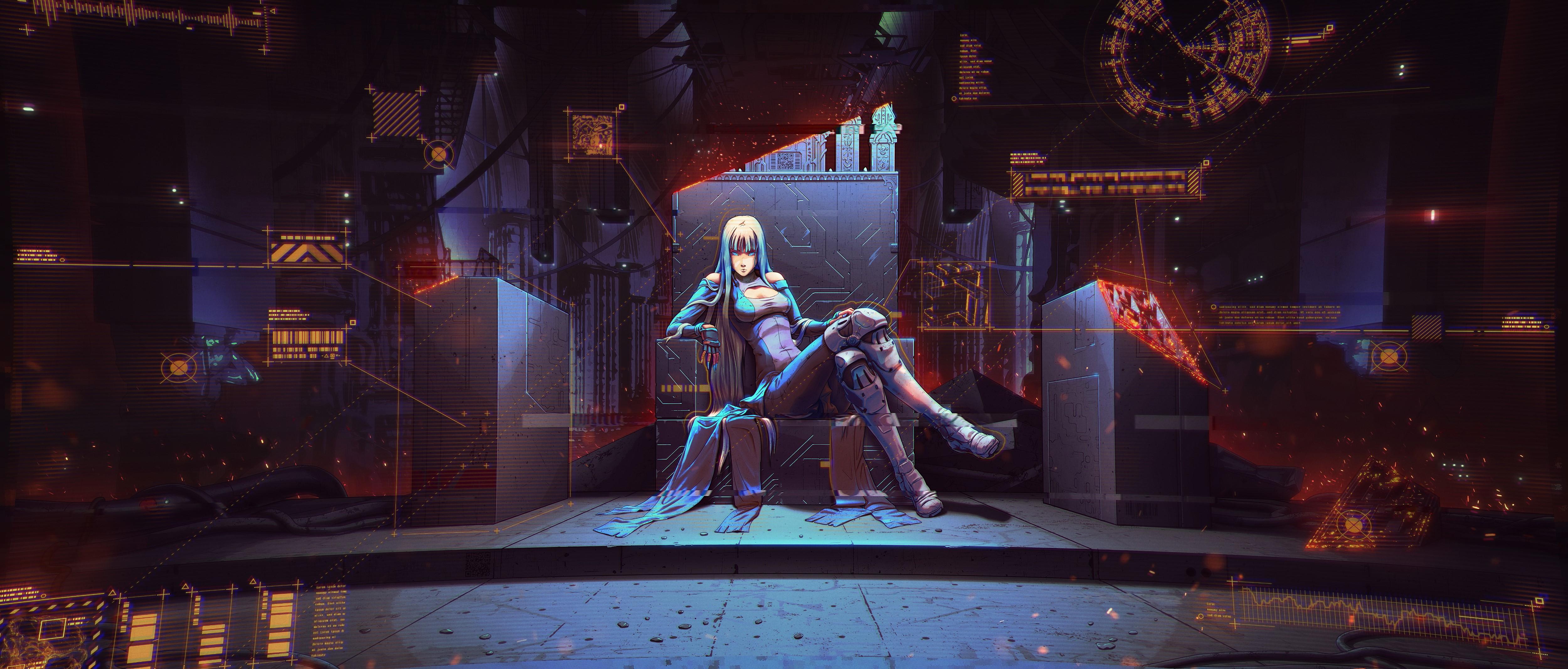 5000x2133 4K, anime, women, cyberpunk, technology, cybergirl, cyber, 4K, throne, tech, ultrawide. Mocah HD Wallpaper