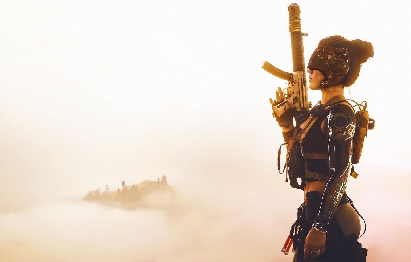 1332x850 Wallpaper Girl, Fog, Weapons, Fantasy, Gun, Art, Fiction, Suit, Weapon, Characters, Cyber, Tech, Cyberpunk, by Abrar Khan, Abrar Khan, Samurai Buns image for desktop, section фантастика