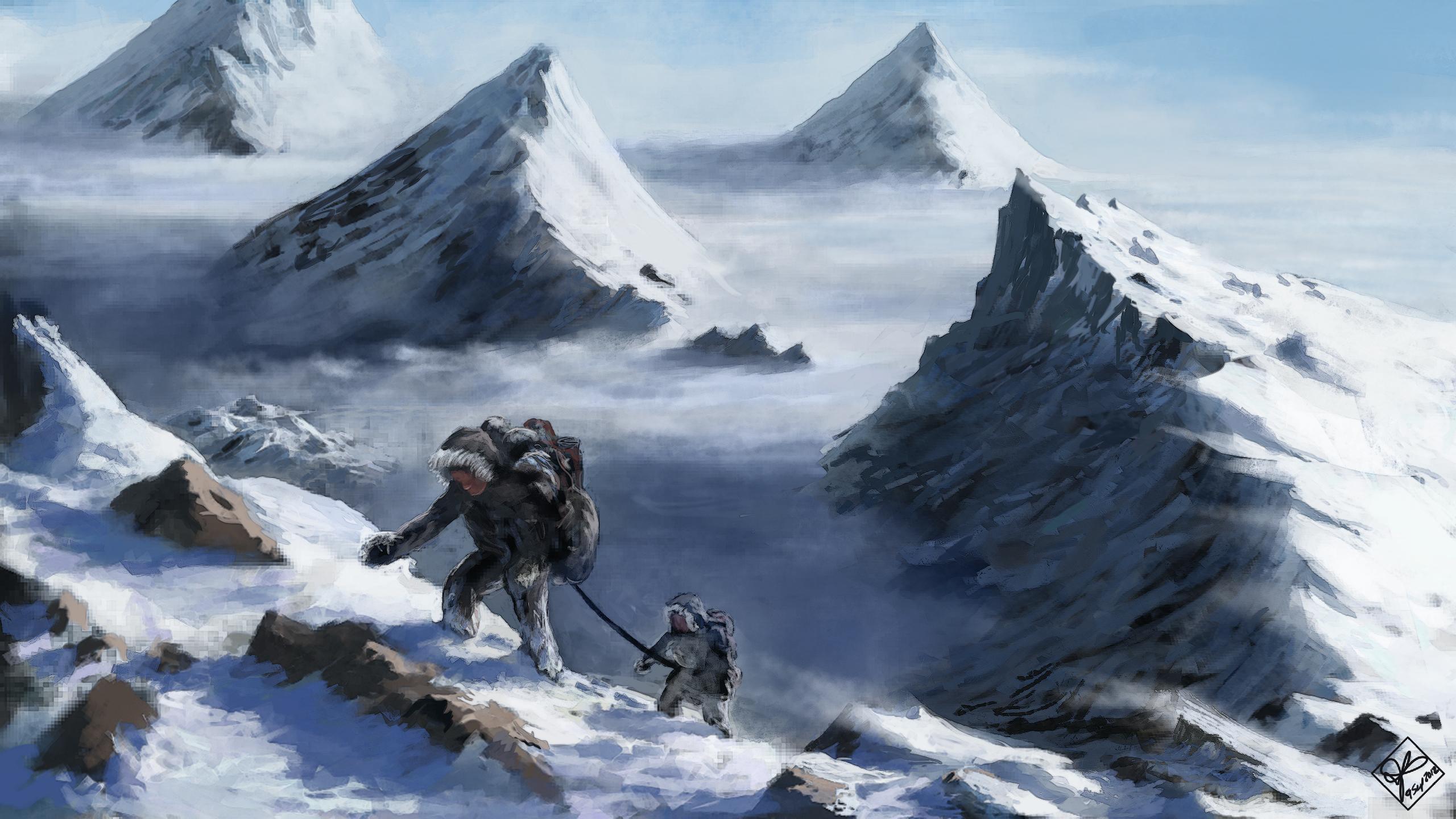 2560x1440 art, Mountains, Snow, Mountain, Climbers, Top, Height, Fantasy Wallpaper HD / Desktop and Mobile Background