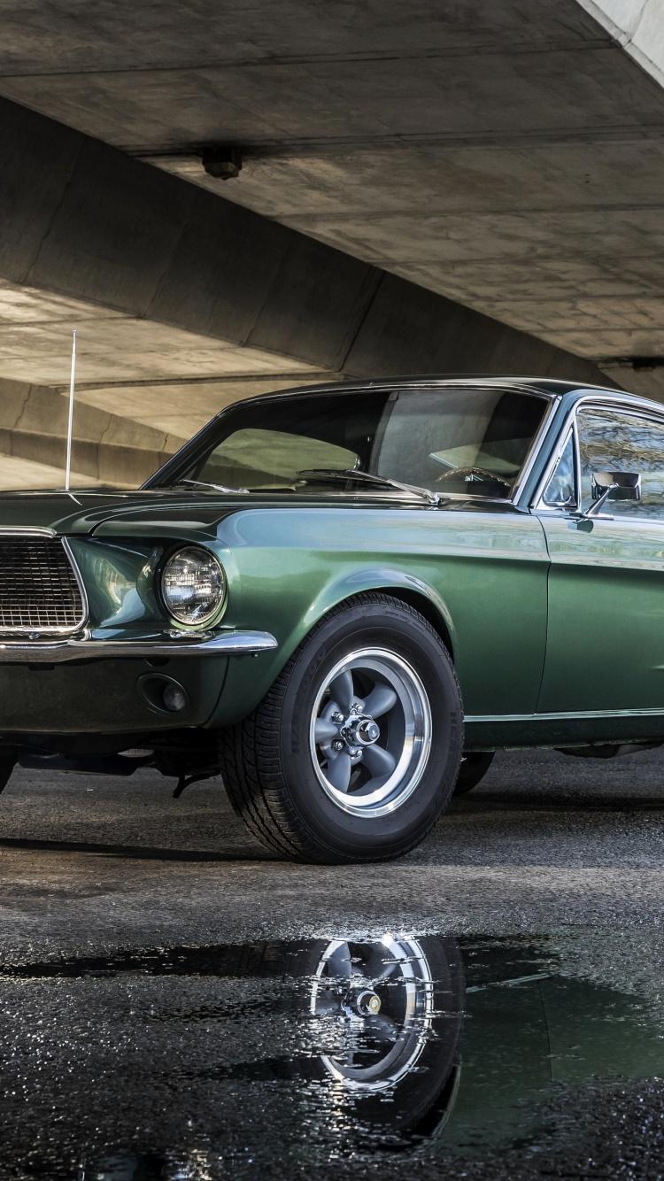 750x1334 Download Ford Mustang Bullitt, green, muscle car, parked under bridge wallpaper, 750x iphone iPhone 8