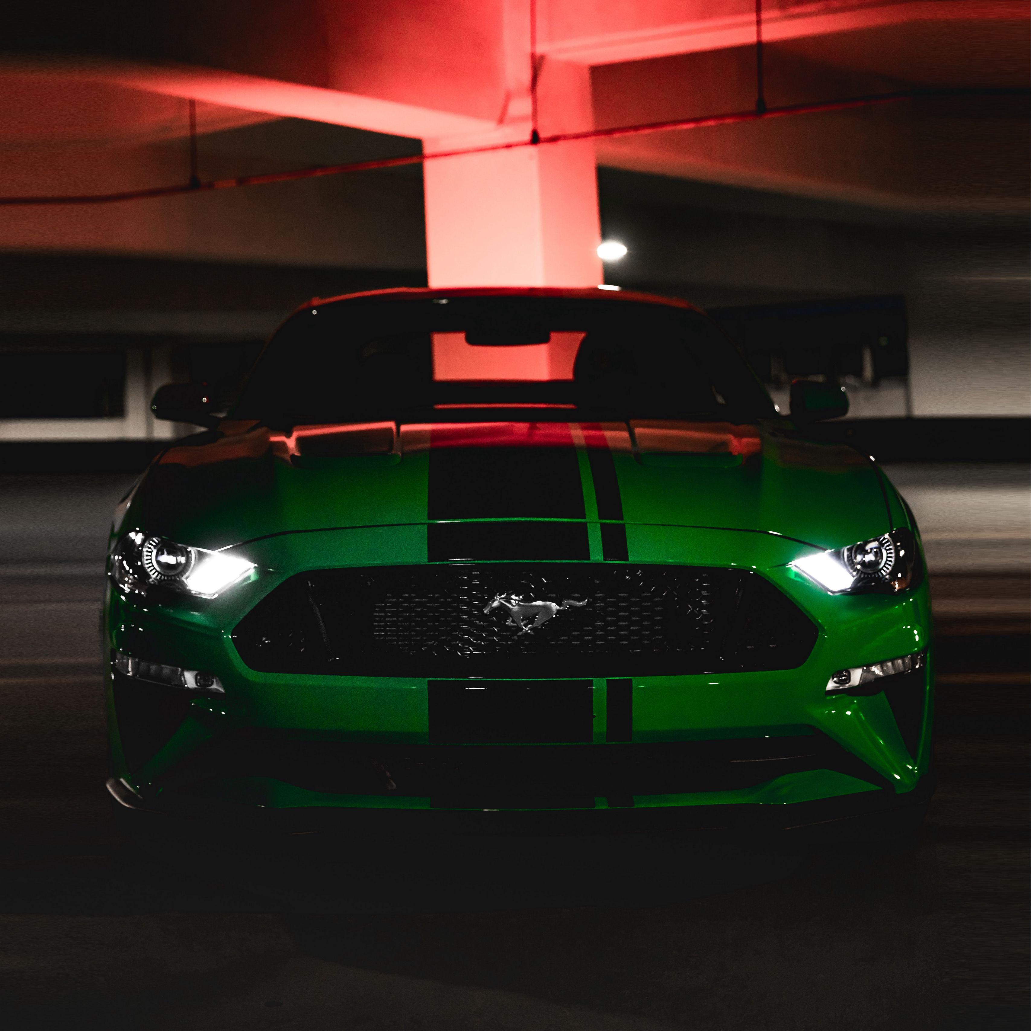 3415x3415 Download wallpaper 3415x3415 ford mustang, ford, car, green, dark, front view ipad pro 12.9 retina for parallax HD background