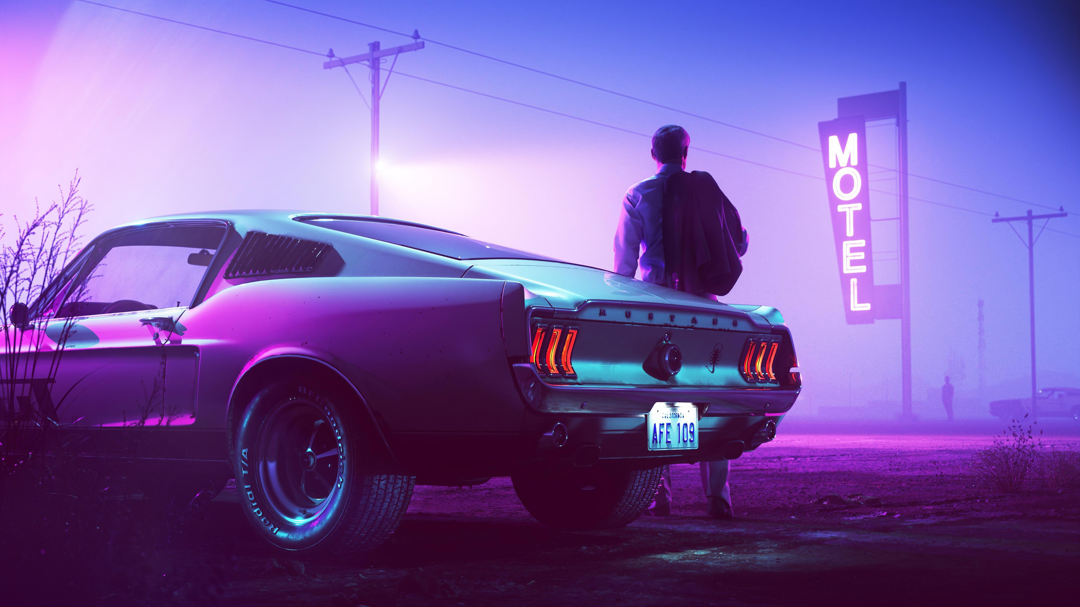 4480x2520 Ford Mustang GT Fastback Wallpaper 4K, Drive, Motel, Neon, 5K, Graphics CGI