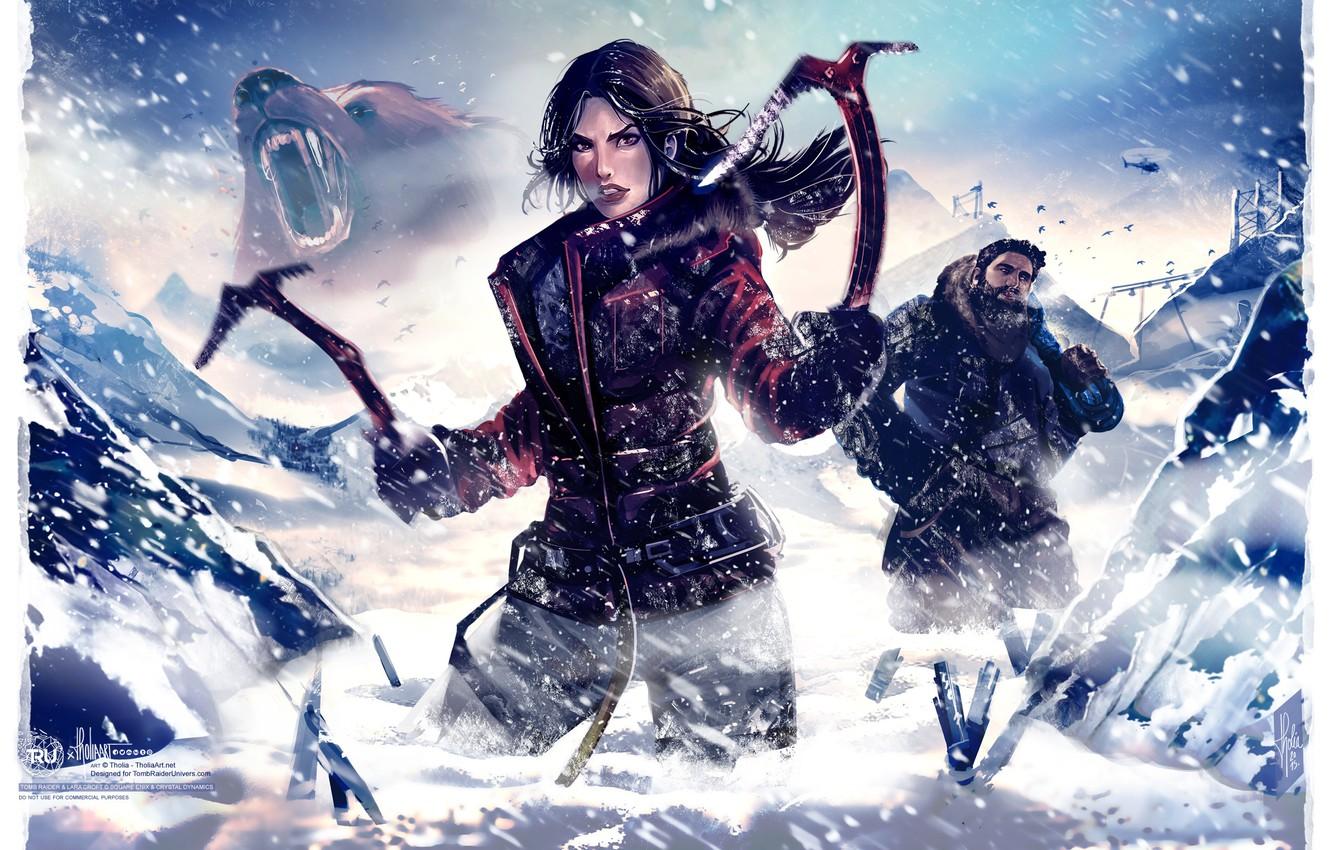 1332x850 Wallpaper winter, girl, snow, bear, art, TOMB RAIDER, lara croft image for desktop, section игры