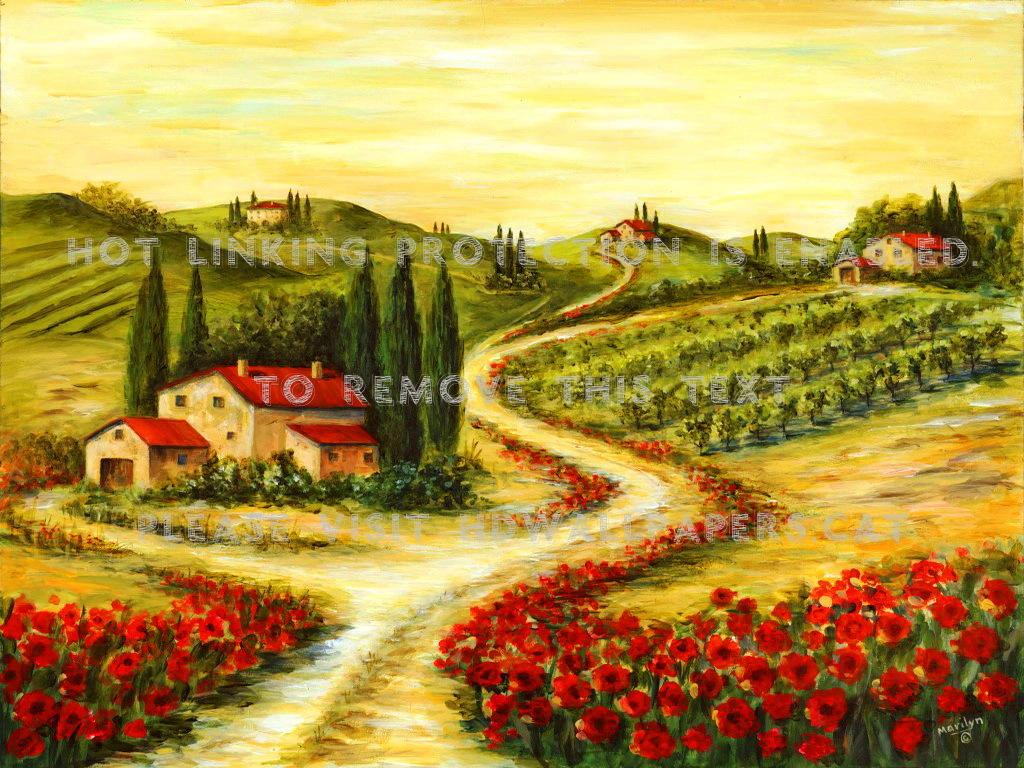 1024x768 tuscan poppies walk italy houses trees art