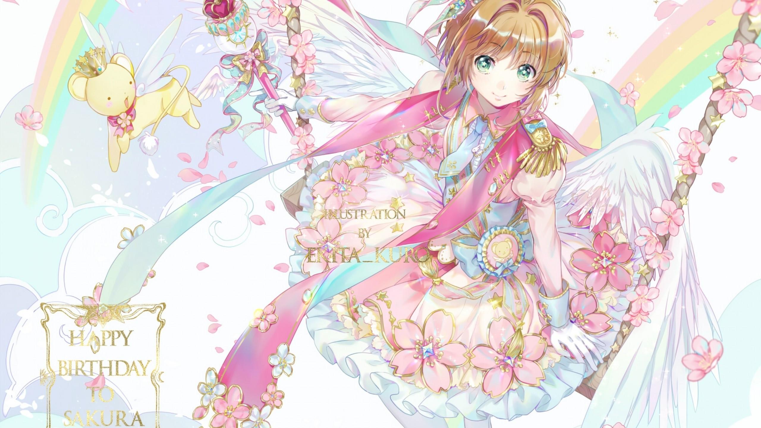 2560x1440 Download 2560x1440 Kinomoto Sakura, Cardcaptor Sakura, Wings, Magic, Wand, Flowers Wallpaper for iMac 27 inch