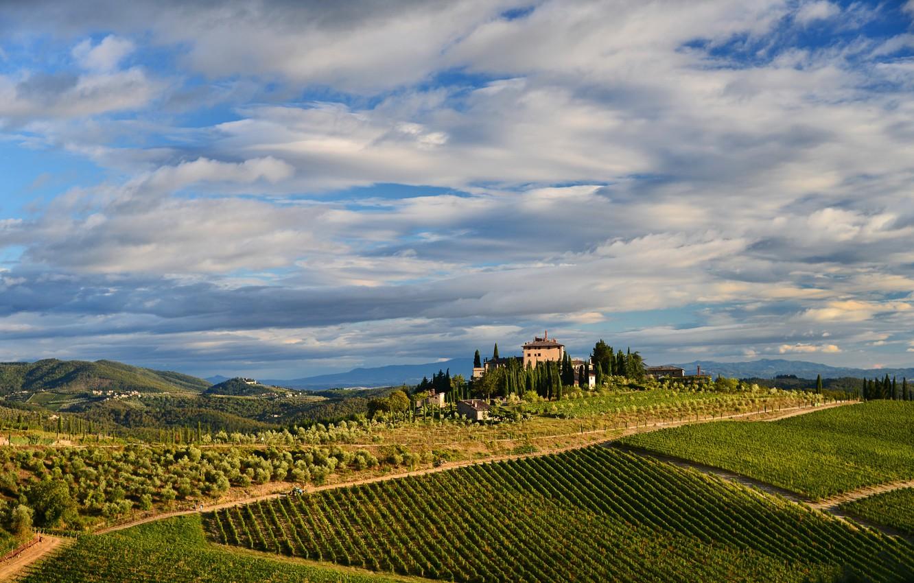 1332x850 Wallpaper the sky, clouds, trees, mountains, house, hills, field, Italy, vineyard image for desktop, section пейзажи