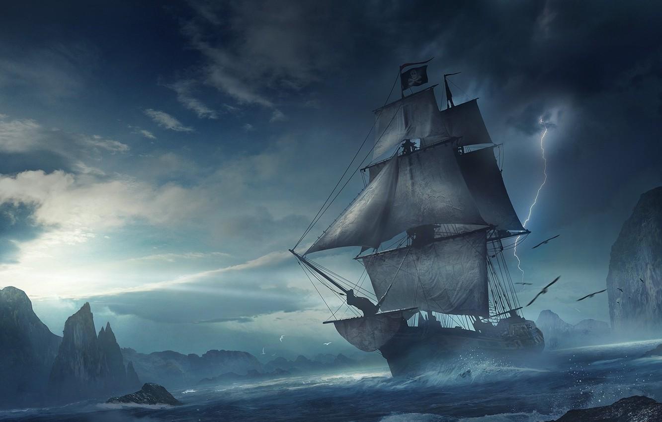 1332x850 Wallpaper sea, wave, storm, fiction, rocks, lightning, ship, sailboat, storm, fantasy, art, flight, a flock of birds, the fjord, reefs, Jolly Roger image for desktop, section фантастика