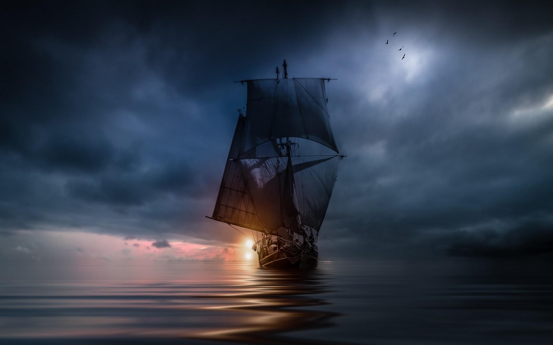 1920x1200 landscape, Nature, Sea, Clouds, Sunset, Sailing Ship, Storm, Blue, Water, Birds, Flying Wallpaper HD / Desktop and Mobile Background