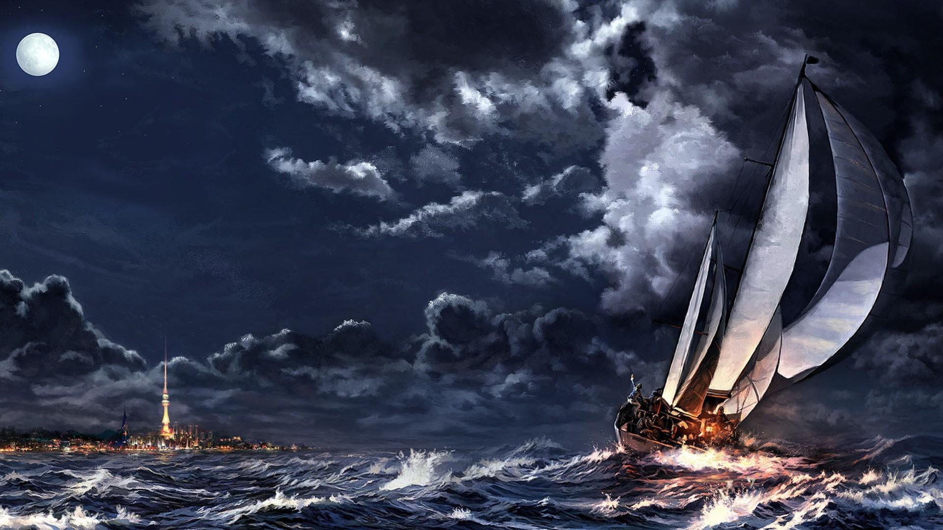 1920x1080 1920x1080 painting artwork sea ship sailing ship clouds night moon cityscape stars wallpaper JPG 449 kB