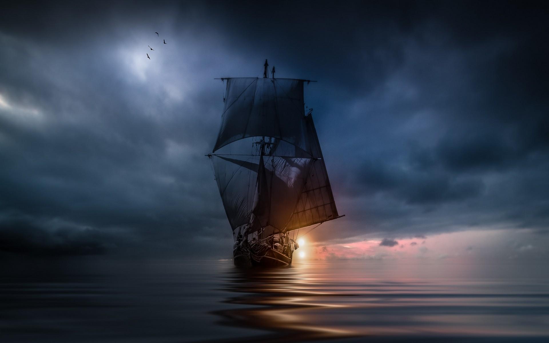 1920x1200 #sea, #sunset, #clouds, #blue, #storm, #landscape, #nature, #birds, #water, #sailing ship, #flying wallpaper. Mocah HD Wallpaper
