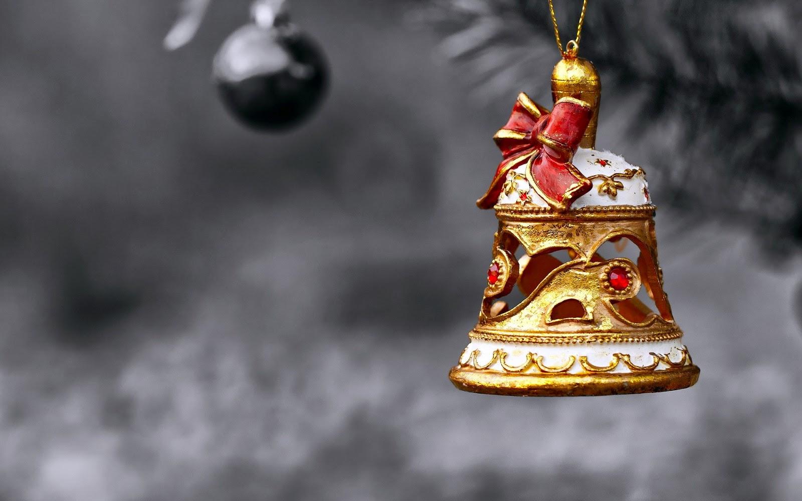 1600x1000 Christmas Jingle bells image with holly ribbon decorations photo free HD wallpaper
