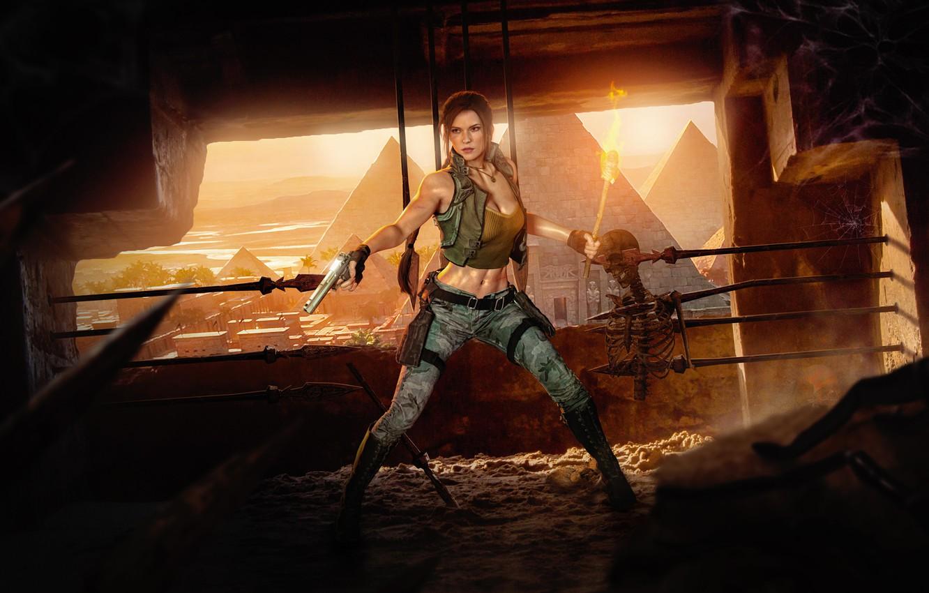 1332x850 Wallpaper chest, girl, rendering, gun, pyramid, skeleton, torch, lara croft, tomb raider, Egypt image for desktop, section рендеринг