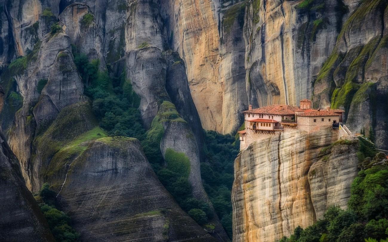 1300x812 nature, Landscape, House, Mountain, Cliff, Trees, Architecture, Greece, Meteora Wallpaper HD / Desktop and Mobile Background