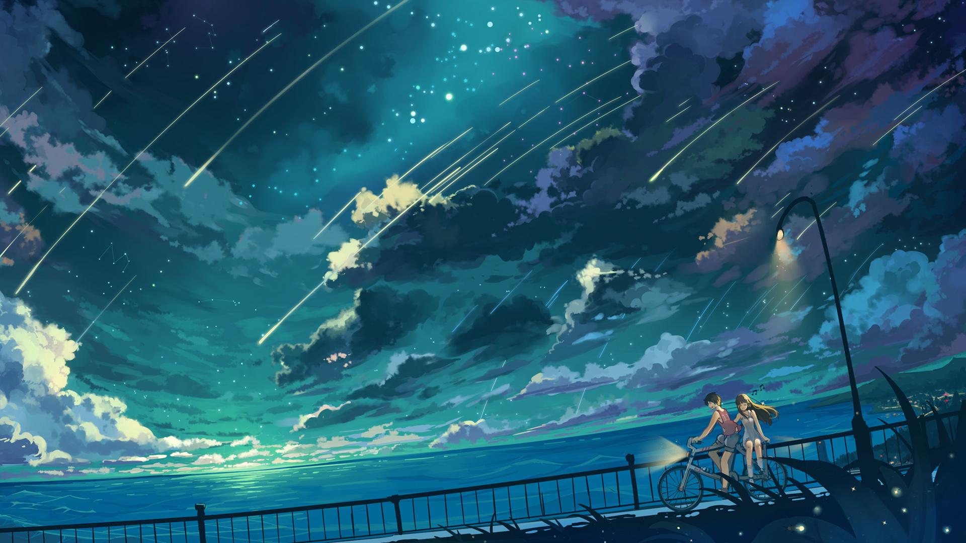 1920x1080 Girl, boy, bicycle, beach, sky picture, romantic anime couple desktop wallpaper
