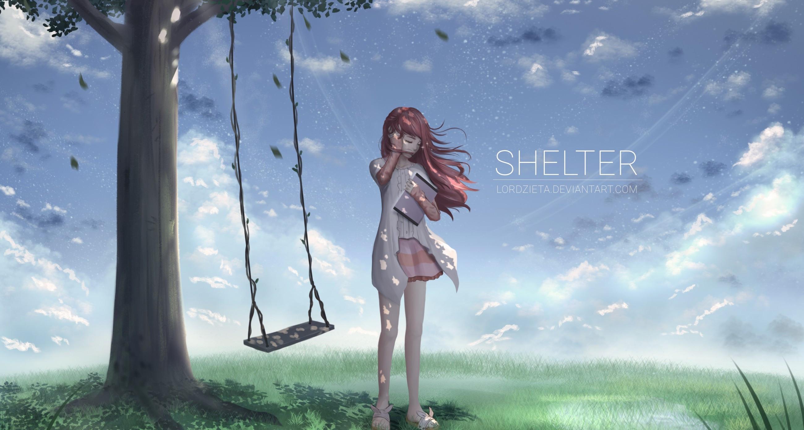 2600x1392 Download 2600x1392 Rin, Shelter, Swing, Wind, Closed Eyes, Anime Landscape, Long Hair Wallpaper