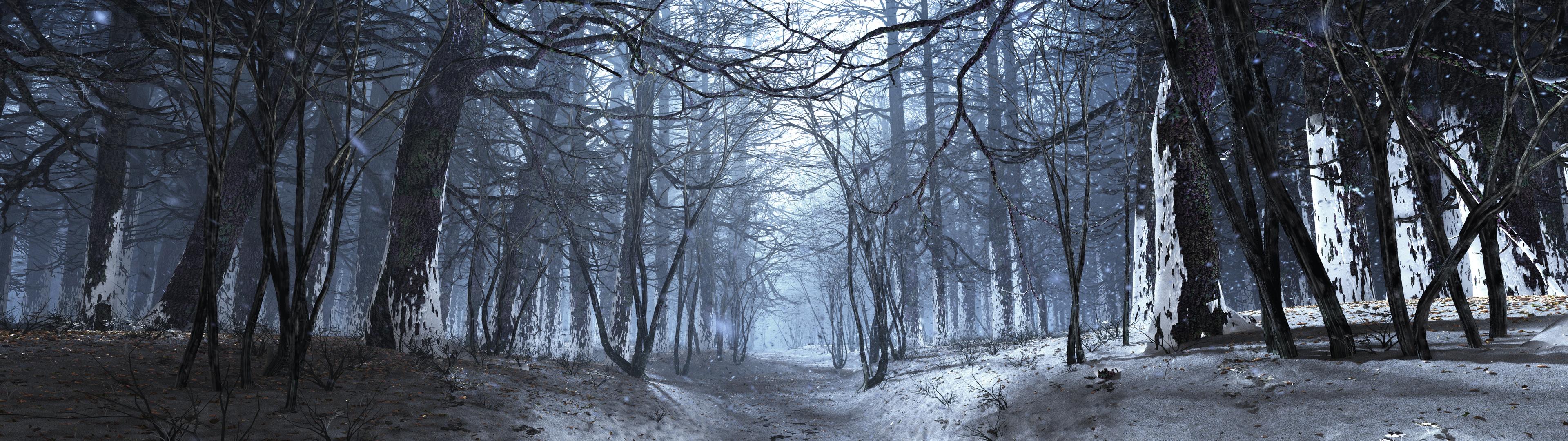3840x1080 3D Winter Forest Dual Screen Wallpaper HD Wallpaper