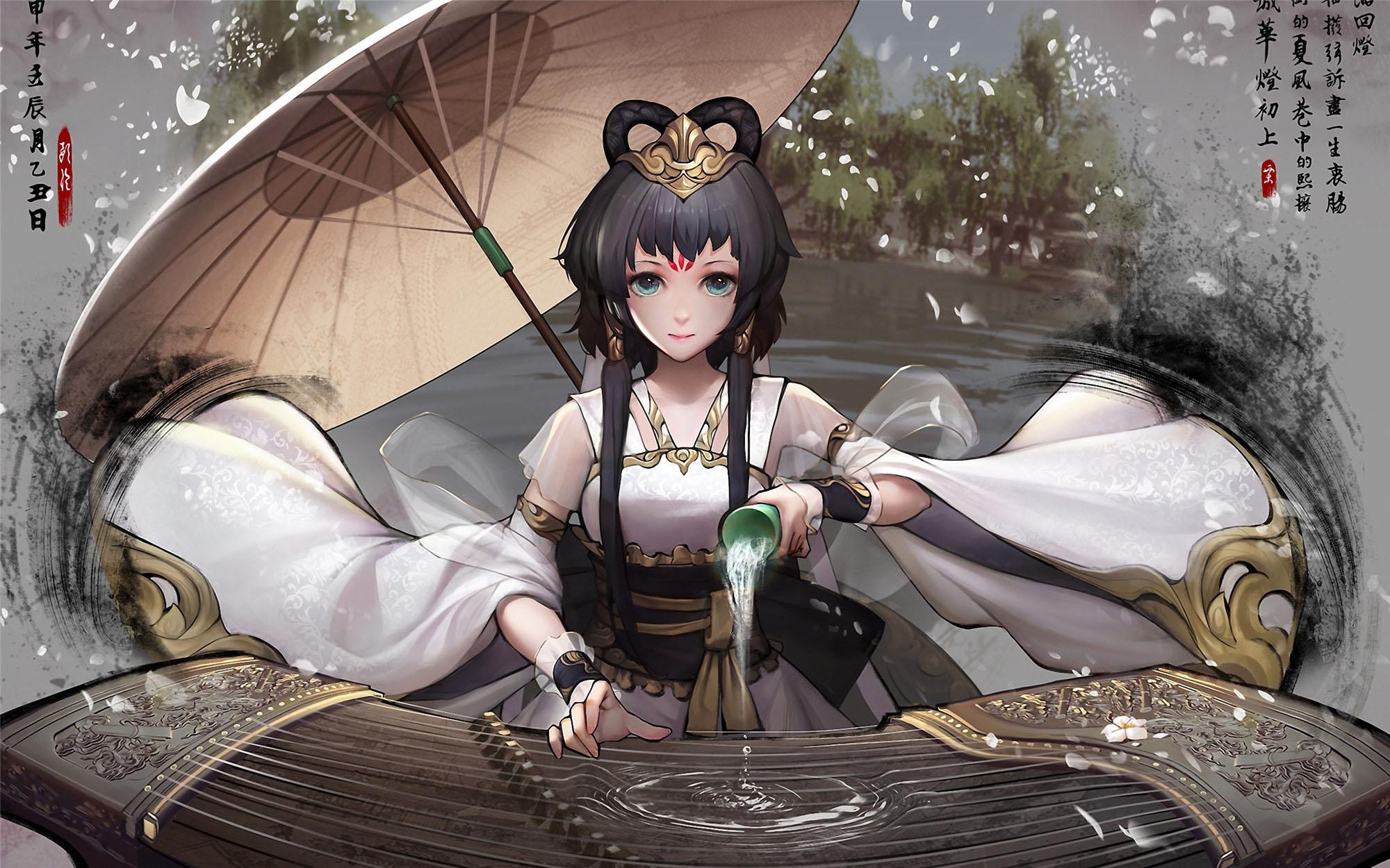 2000x1250 #hanfu, #Luo Tianyi, #umbrella, #anime girls, #Vocaloid China, # Chinese zither, wallpaper. Mocah HD Wallpaper