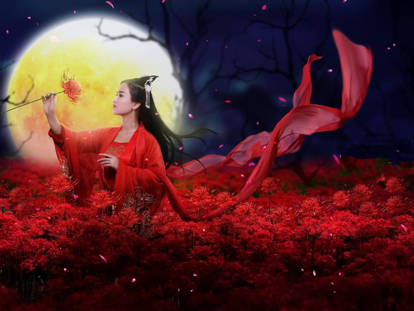 1600x1200 Wallpaper Beautiful Chinese girl, retro style, red dress, flowers, moon 1920x1200 HD Picture, Image