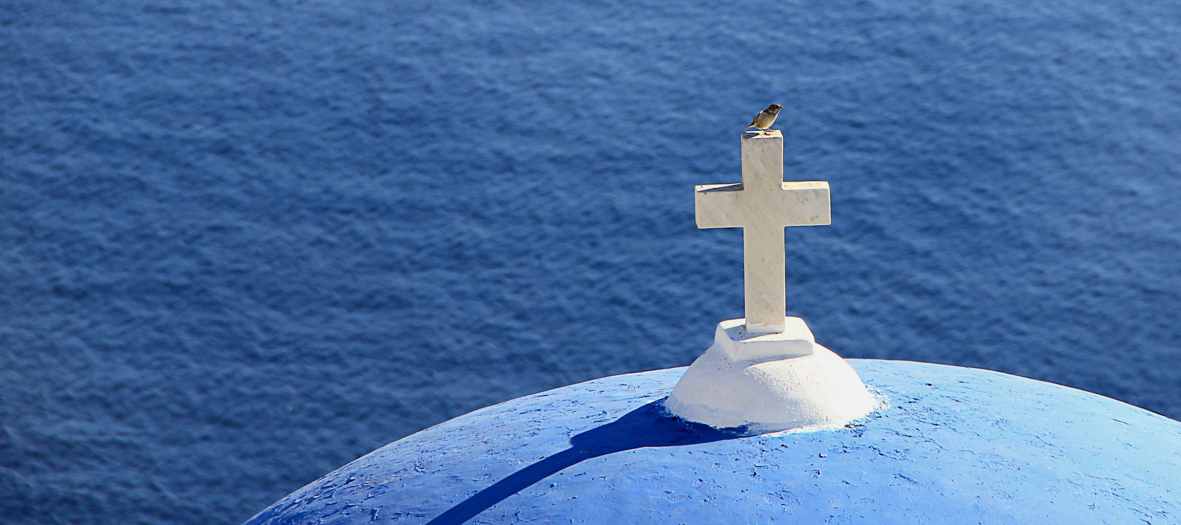 3840x1710 believe, bird, blue, christian, church, cross, greece, religion, santorini, sea, spiritual 4k wallpaper