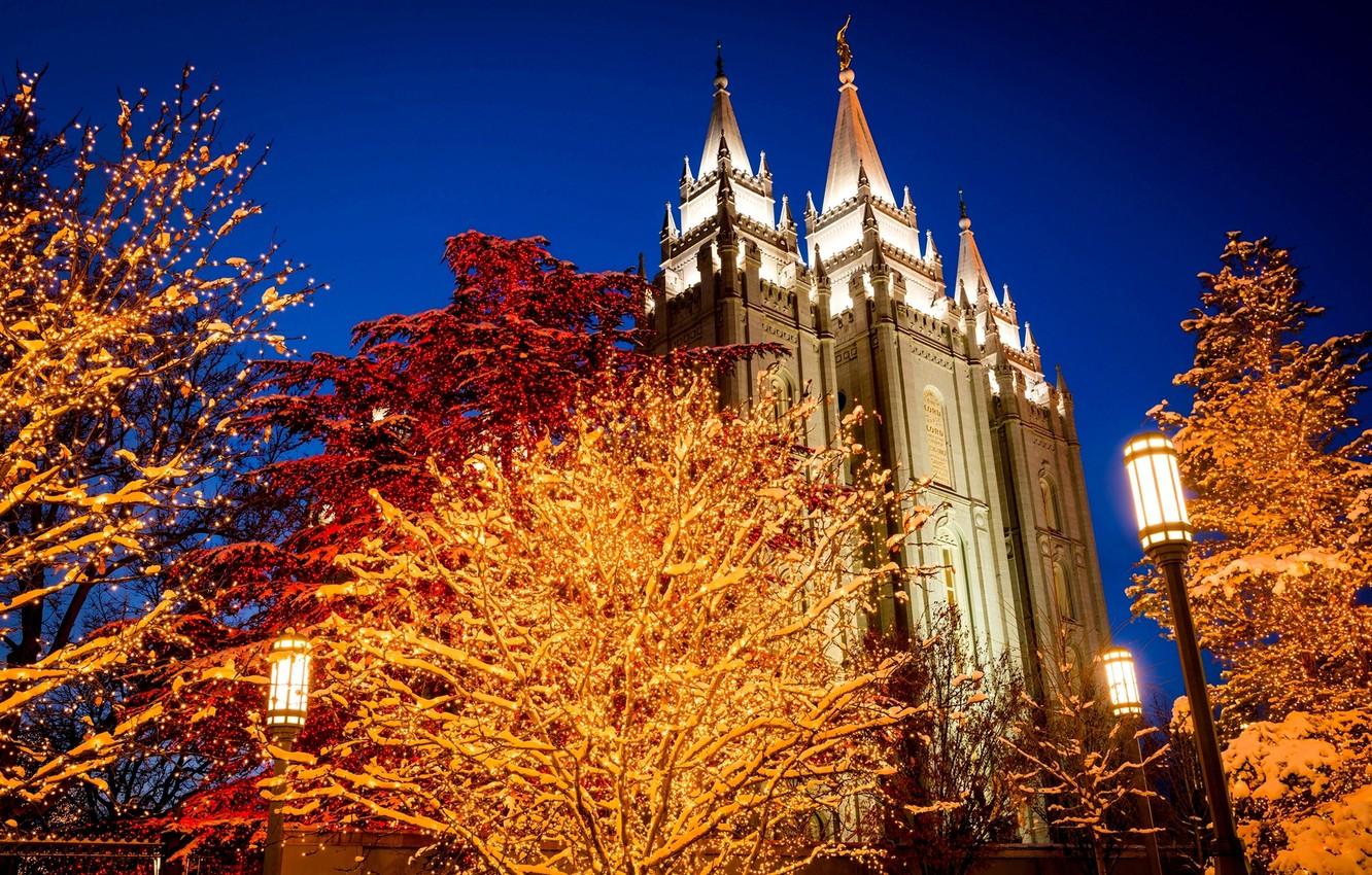 1332x850 Wallpaper winter, light, trees, night, the city, lights, area, lights, Church, Utah, USA, USA, garland, holidays, Utah, Salt Lake City image for desktop, section город