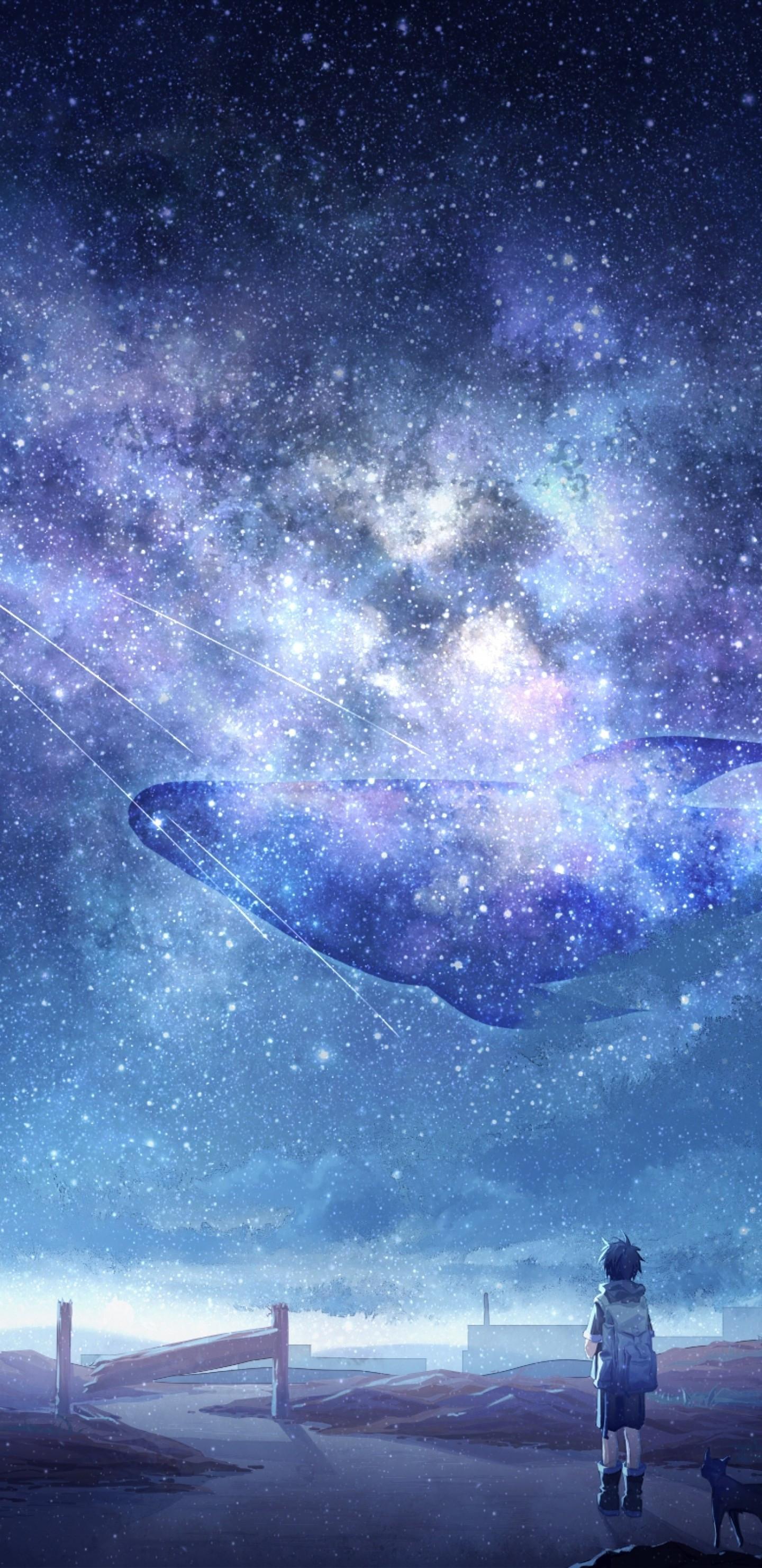 1440x2960 Download 1440x2960 Anime Sky, Milky Way, Stars, Anime Boy, Dog, Moon, Whale, Galaxy Wallpaper for Samsung Galaxy S Note S S8+, Google Pixel 3 XL