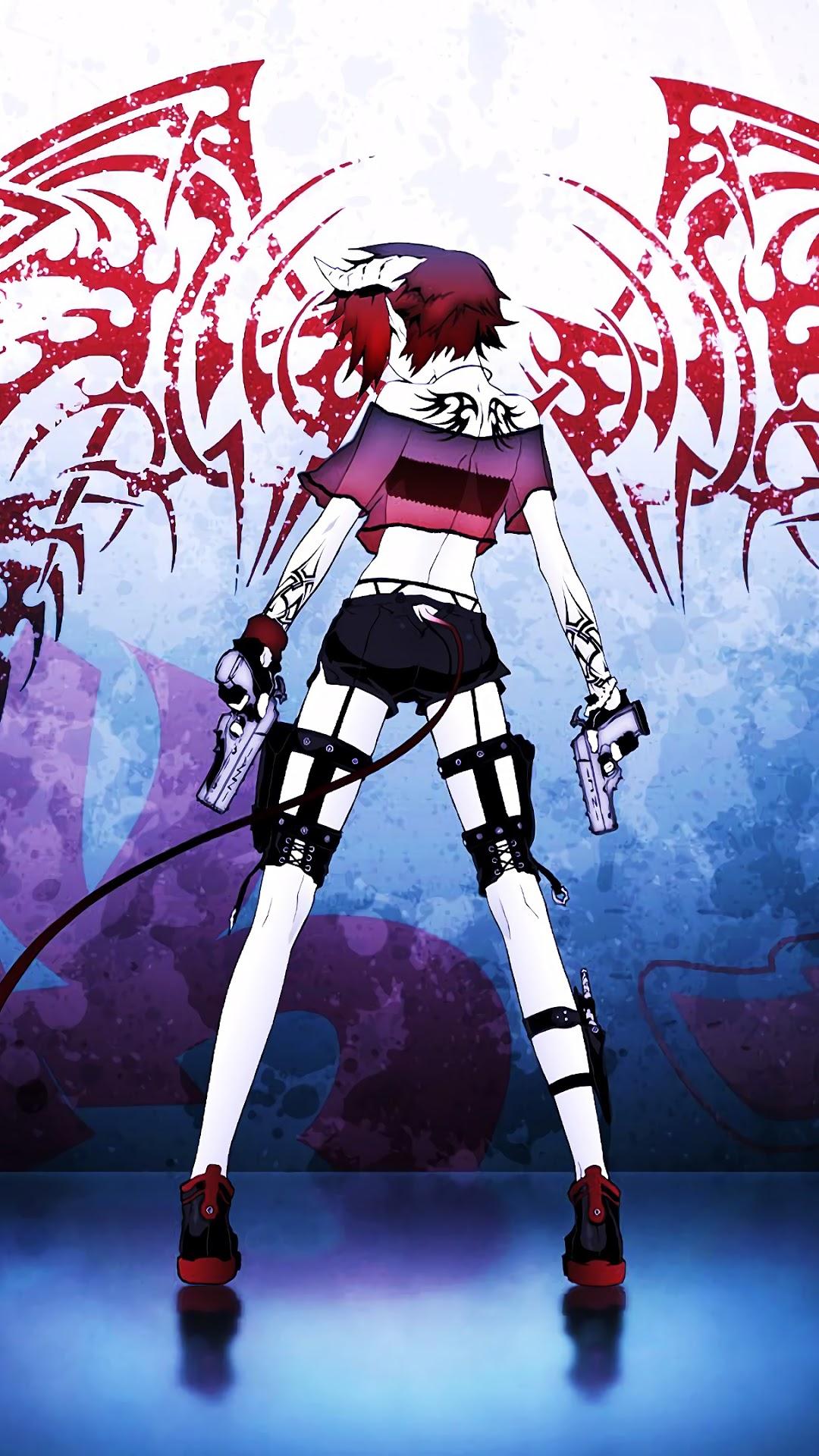 1080x1920 Anime Girl Pistols Wings Tattoos 4K Wallpaper