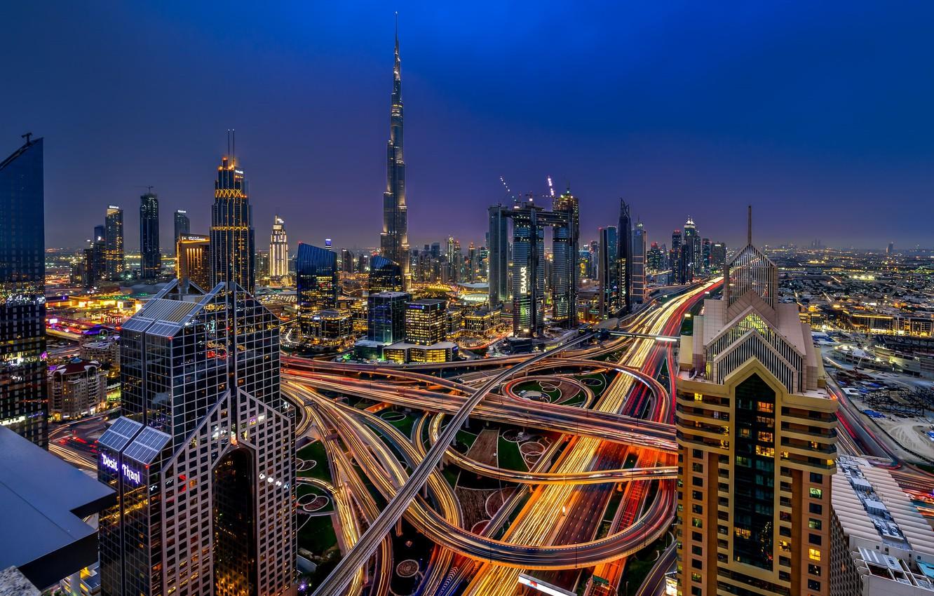 1332x850 Wallpaper the sky, night, the city, lights, blue, view, building, tower, skyscrapers, the evening, Dubai, architecture, megapolis, skyscrapers, UAE, transport interchange image for desktop, section город
