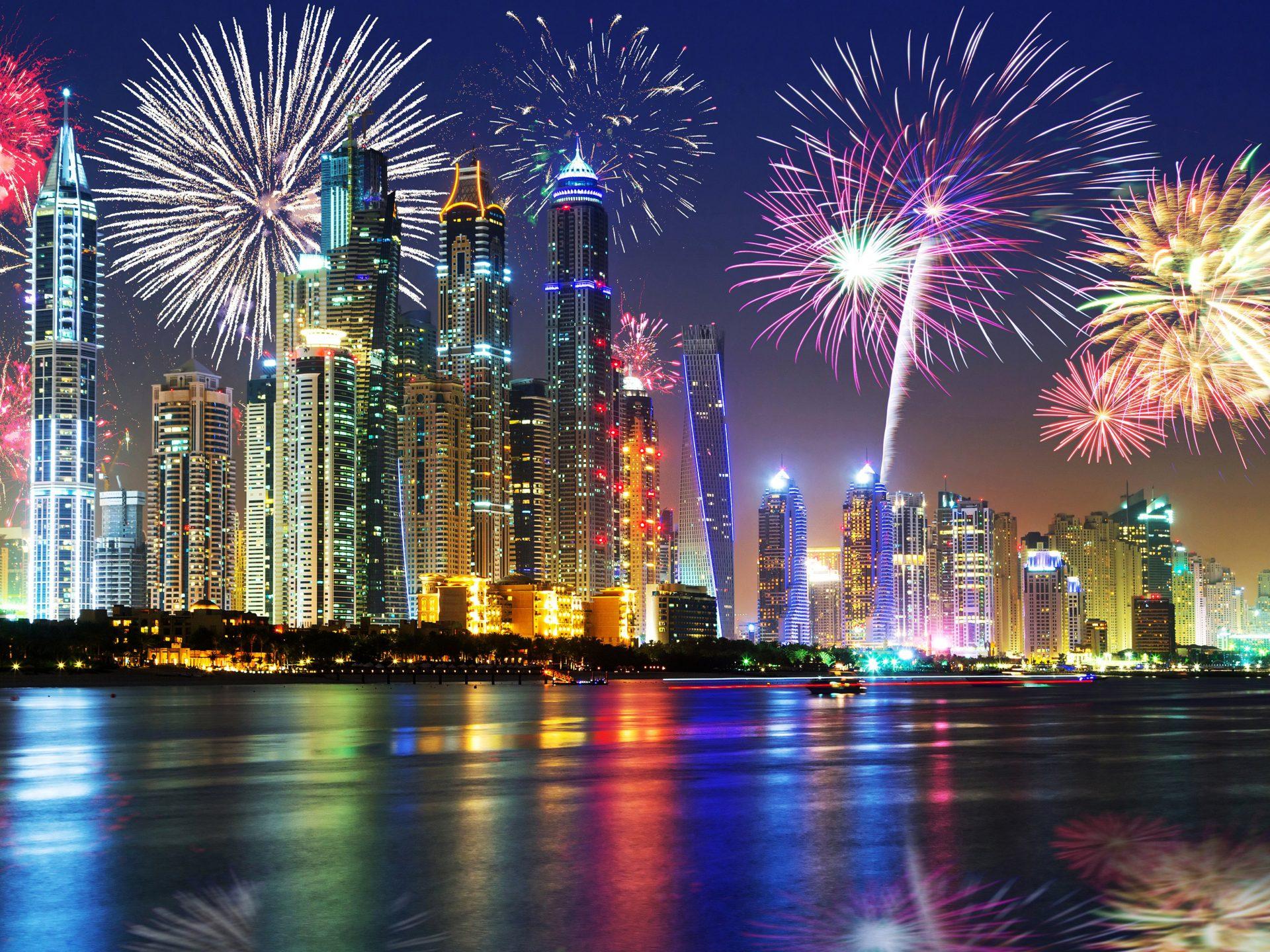 1920x1440 Dubai City At Night Christmas Holidays Fireworks In The Sky Skyscrapers United Arab Emirates Desktop Wallpaper HD For Your Computer 4500x2813 :