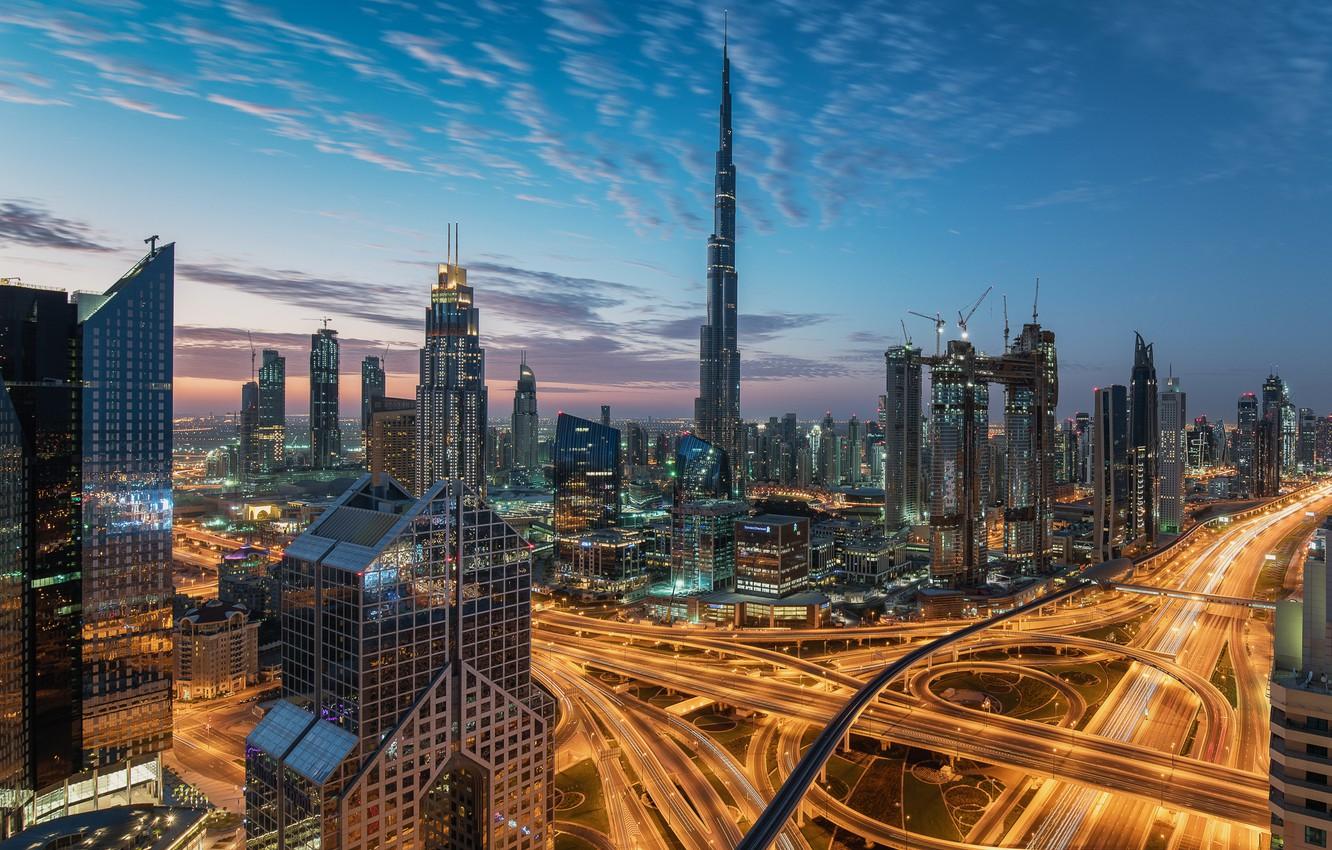 1332x850 Wallpaper the sky, clouds, the city, lights, view, building, tower, height, skyscrapers, the evening, morning, Dubai, architecture, megapolis, skyscrapers, UAE image for desktop, section город
