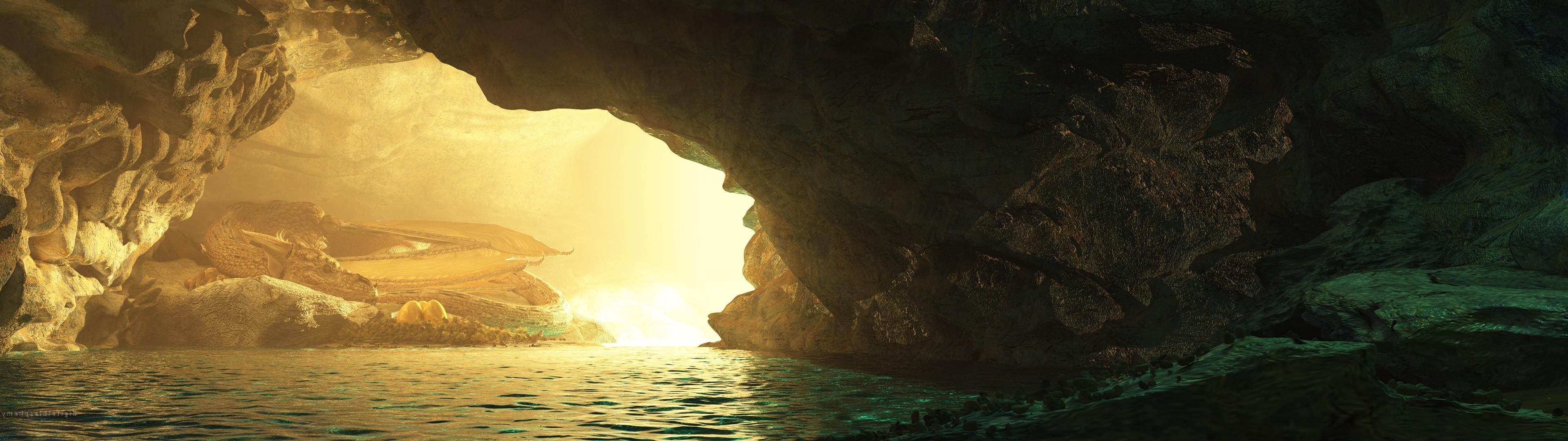3840x1080 fantasy Art, Dragon, Water Wallpaper HD / Desktop and Mobile Background