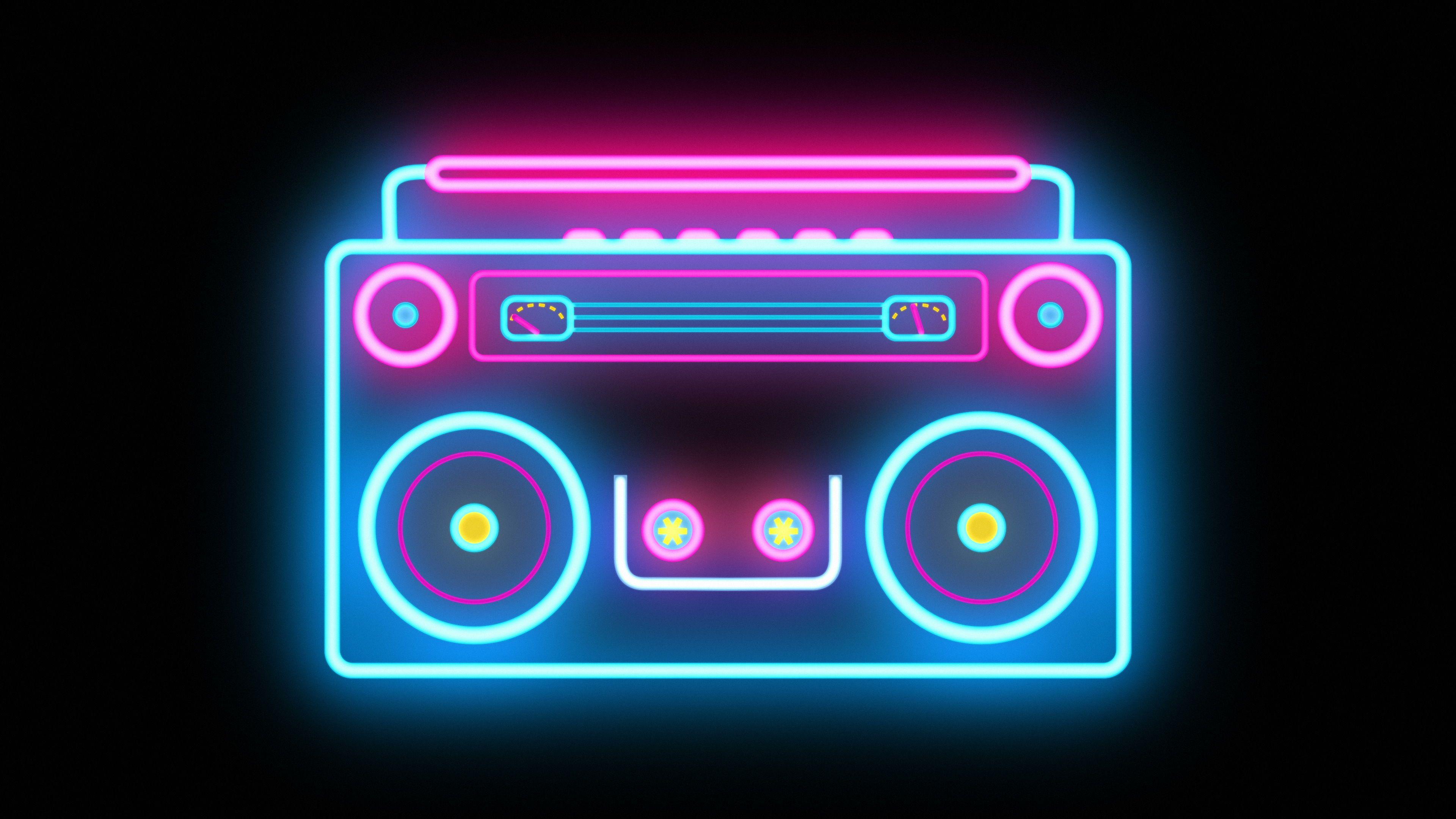 3840x2160 Abstract Neon Retro Boombox Music Tape Recorder Radio. Boombox, Neon, Wallpaper iphone neon
