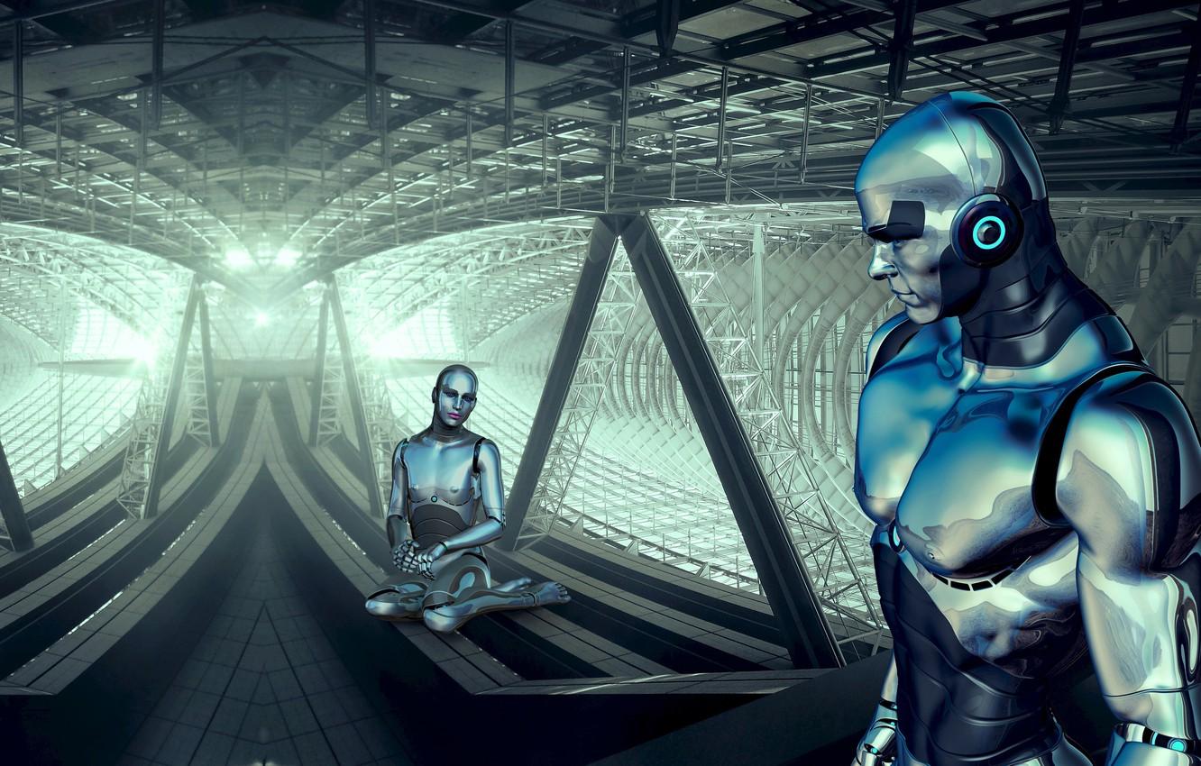 1332x850 Wallpaper light, metal, pipe, lights, space, future, people, fiction, design, woman, people, robot, beams, technology, robots, lighting image for desktop, section фантастика