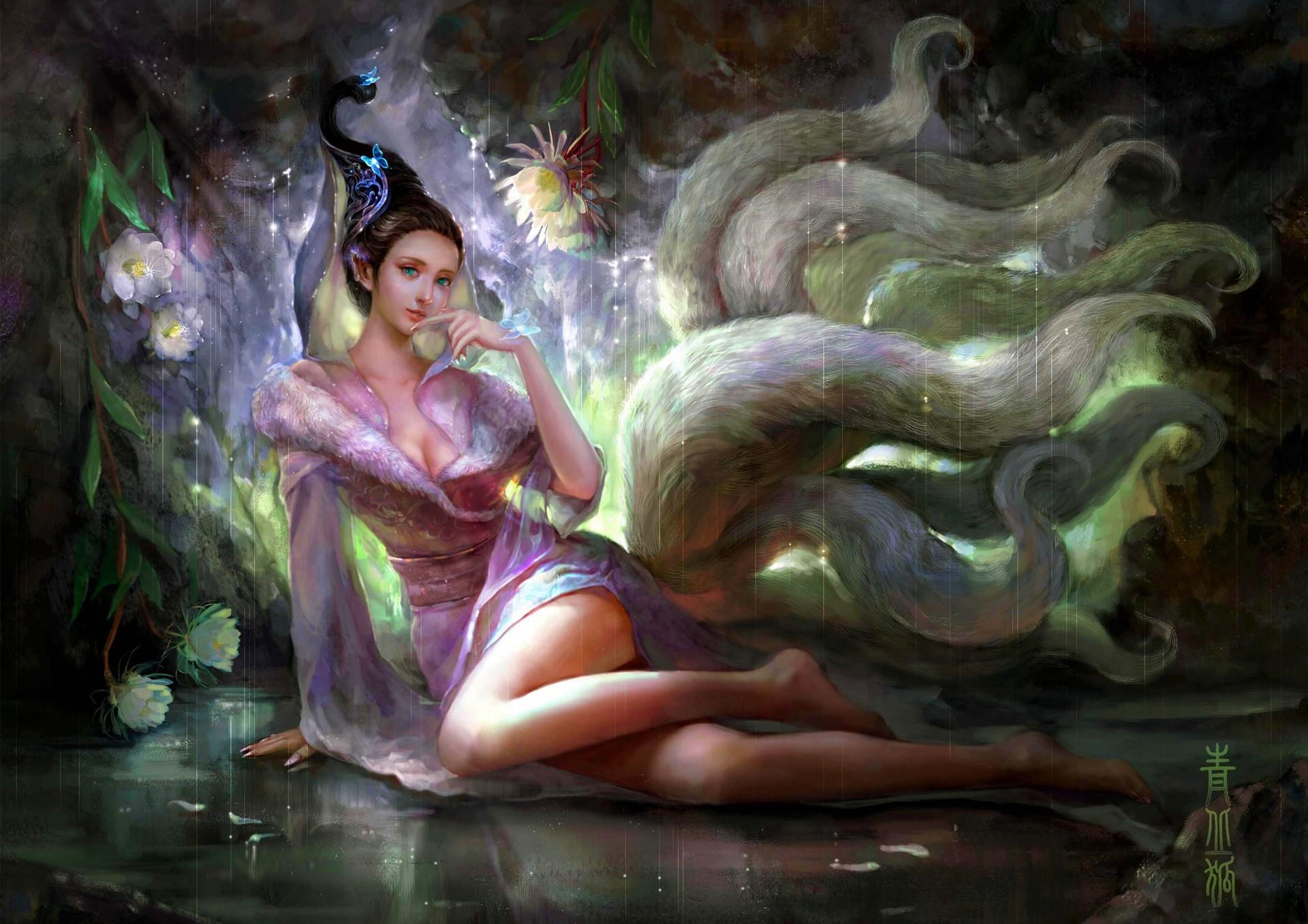 1920x1357 Fantasy Girl And Nine Tailed Fox HD Wallpaper