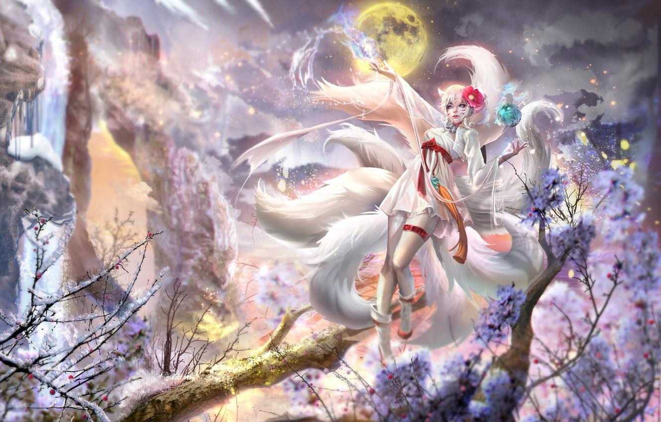 1332x850 Wallpaper Winter, Snow, Night, Tree, The Moon, Dress, The Full Moon, League Of Legends, Ahri, The Nine Tailed Fox, Snow Fox Image For Desktop, Section игры