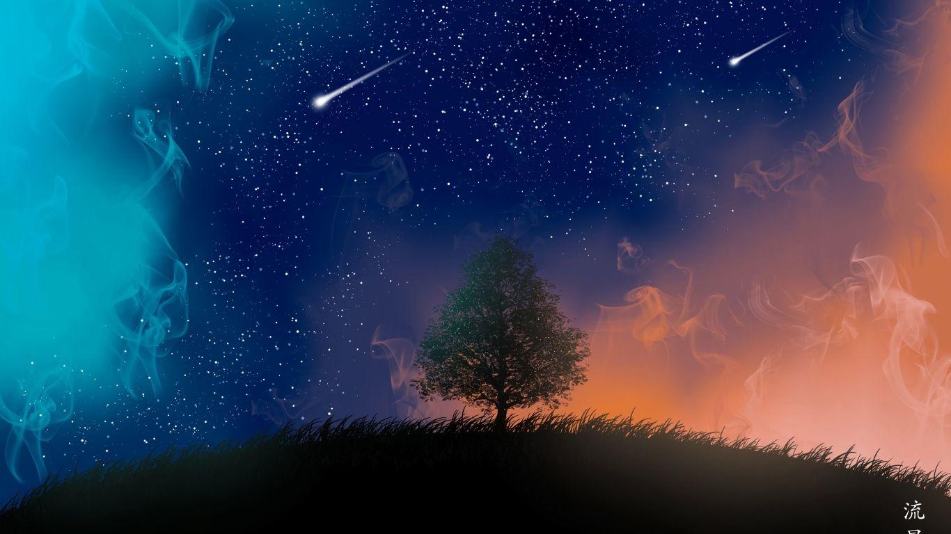 1366x768 Tree and Shooting Stars 4K 1366x768 Resolution Wallpaper, HD Artist 4K Wallpaper, Image, Photo and Background Den. Night sky wallpaper, Starry night sky, Stars aesthetic night skies landscape