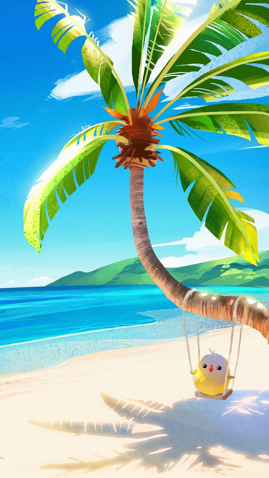 938x1668 Download Wallpaper 938x1668 Palm, Bird, Swing, Beach, Art Iphone 8 7 6s 6 For Parallax HD Background